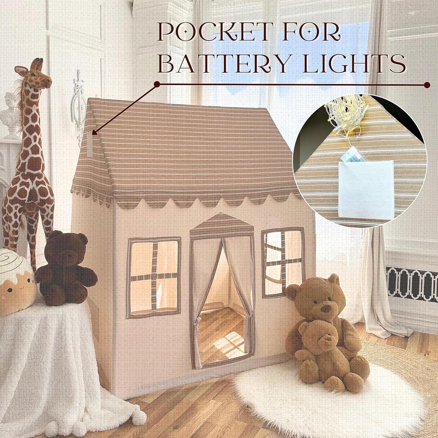 LiCosmo Extra Large Cotton Kids Play Tent 50x43x63 with Carry Bag, 33ft Battery Lights, 3 Windows, Outside Pocket, Kids Tent indoor  Tent for Kids