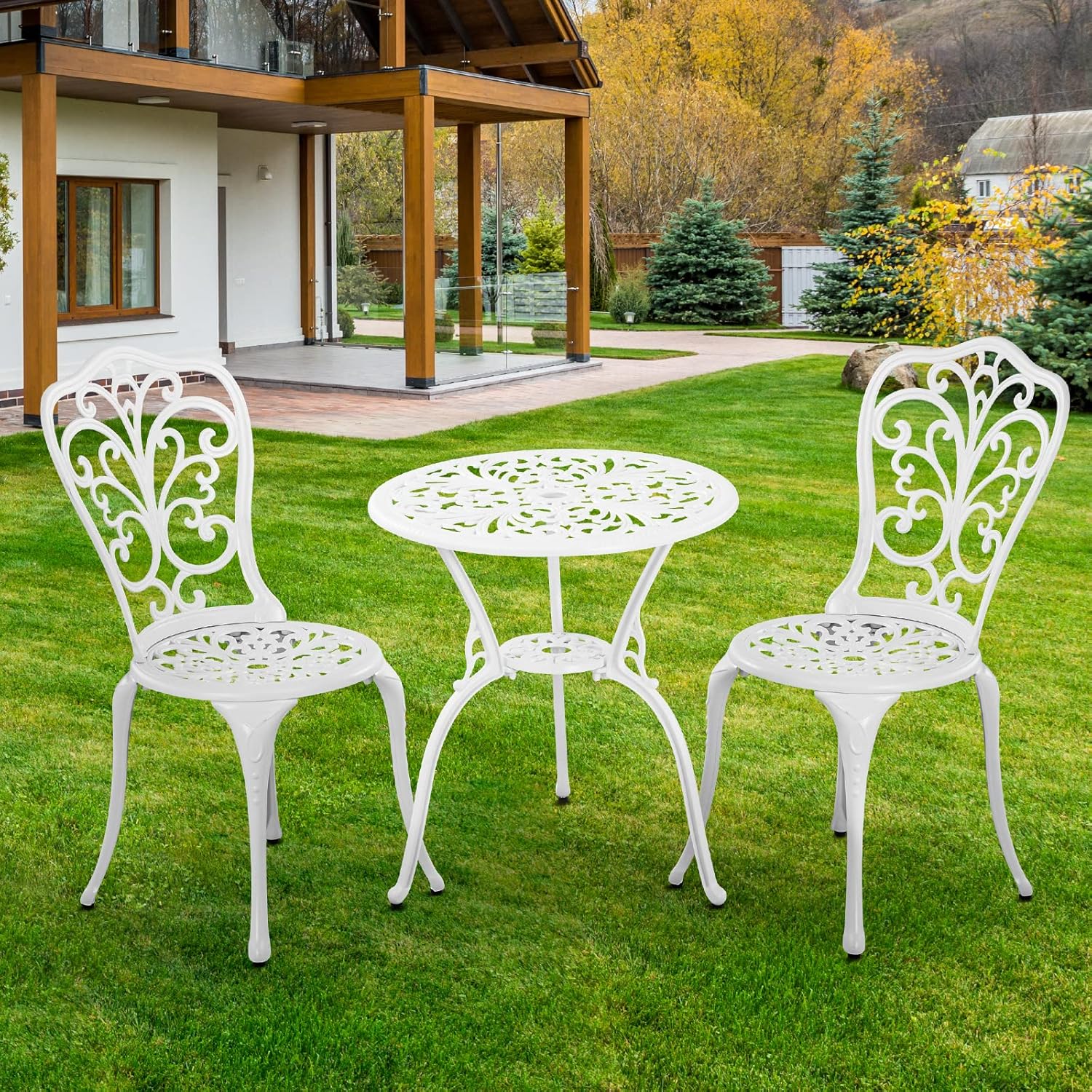 Bistro – Juego de 3 piezas de aluminio fundido para exteriores con agujero para paraguas, juego de mesa y sillas de bistró para todo tipo de clima,