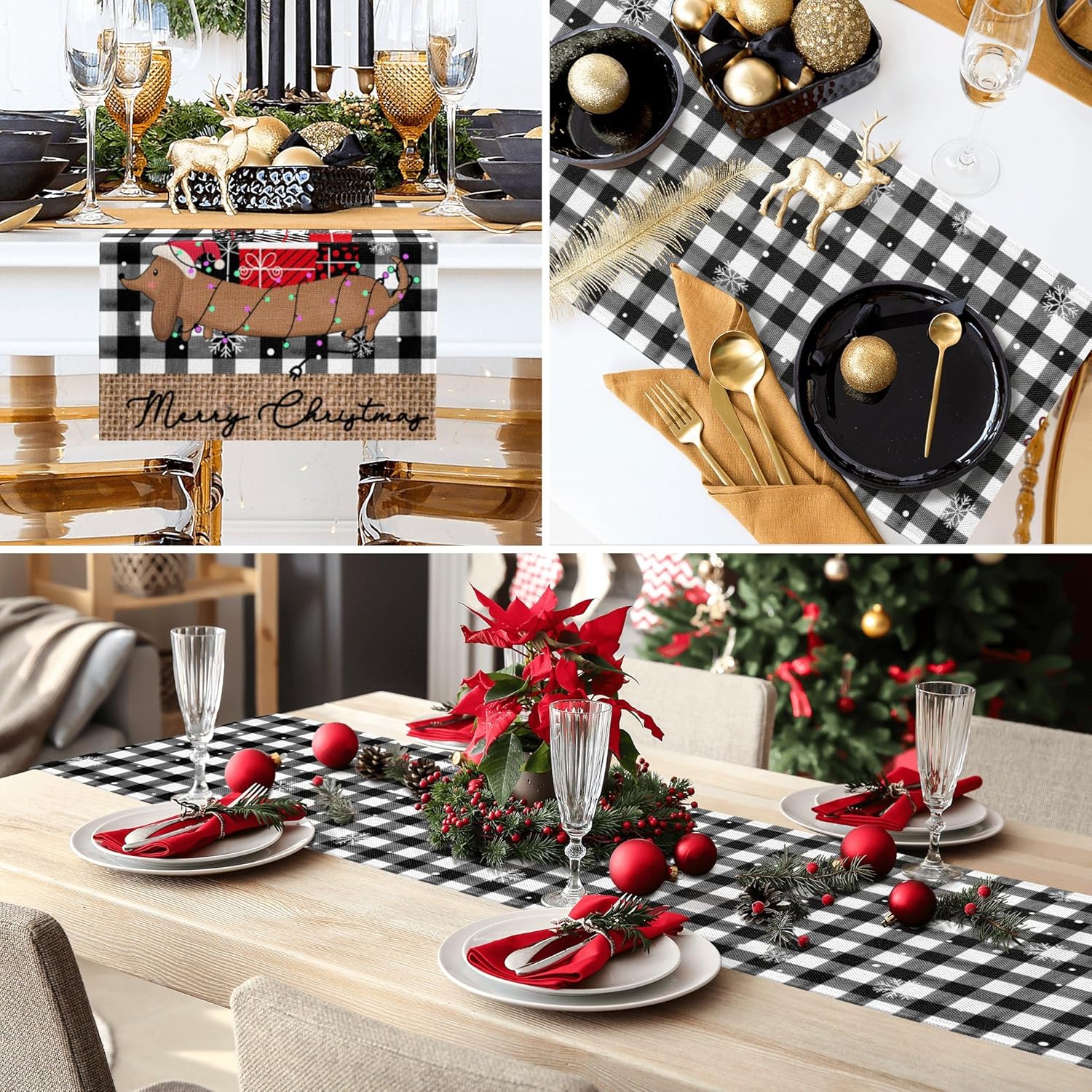 Camino de mesa de Navidad de 90 pulgadas de largo, búfalo negro, a cuadros, regalo de Navidad, decoración de mesa para el hogar, cocina, comedor,