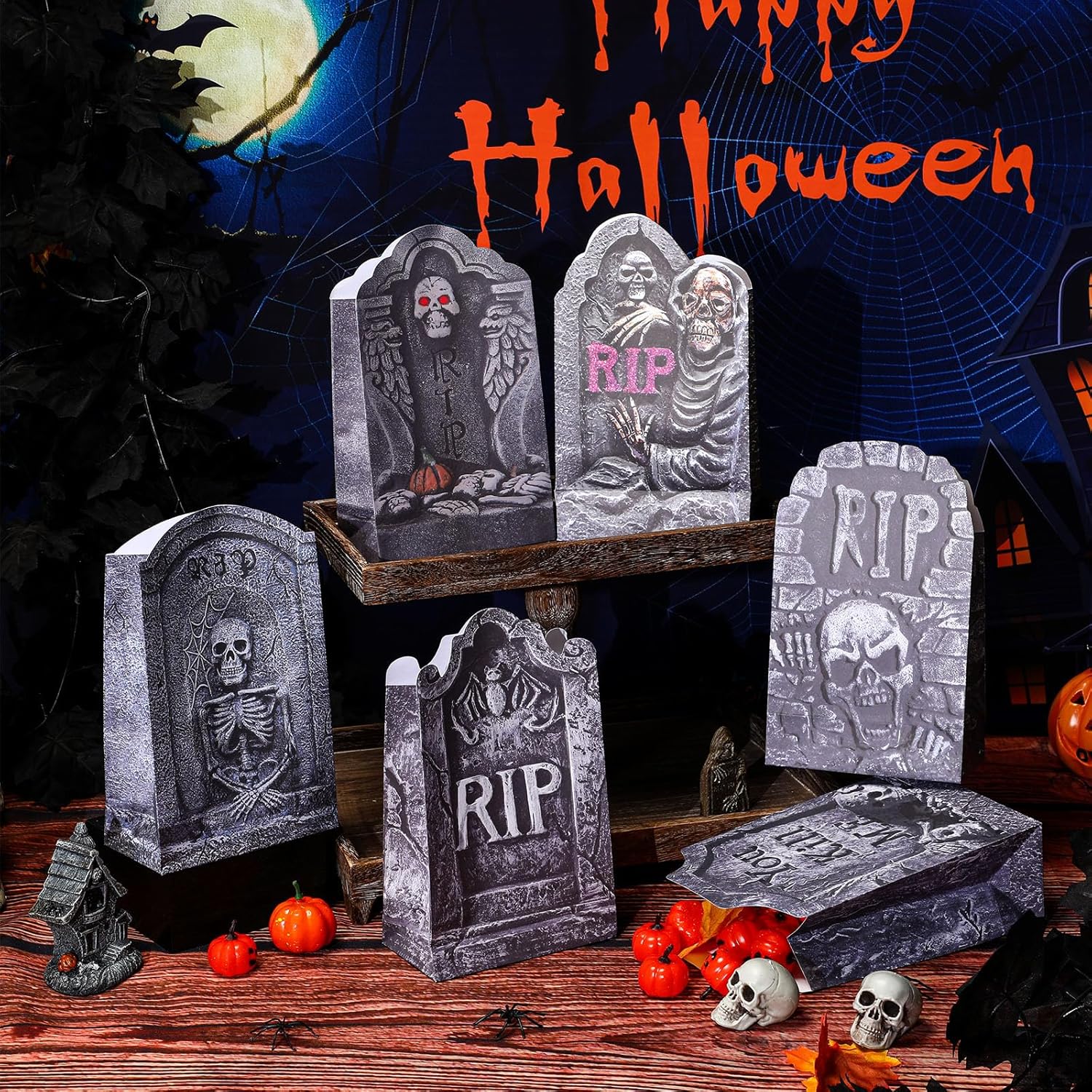 Yeaqee 48 bolsas de papel de lápida de Halloween, bolsas de regalo de dulces de Halloween, bolsas de golosinas para dulce o truco, bolsas de