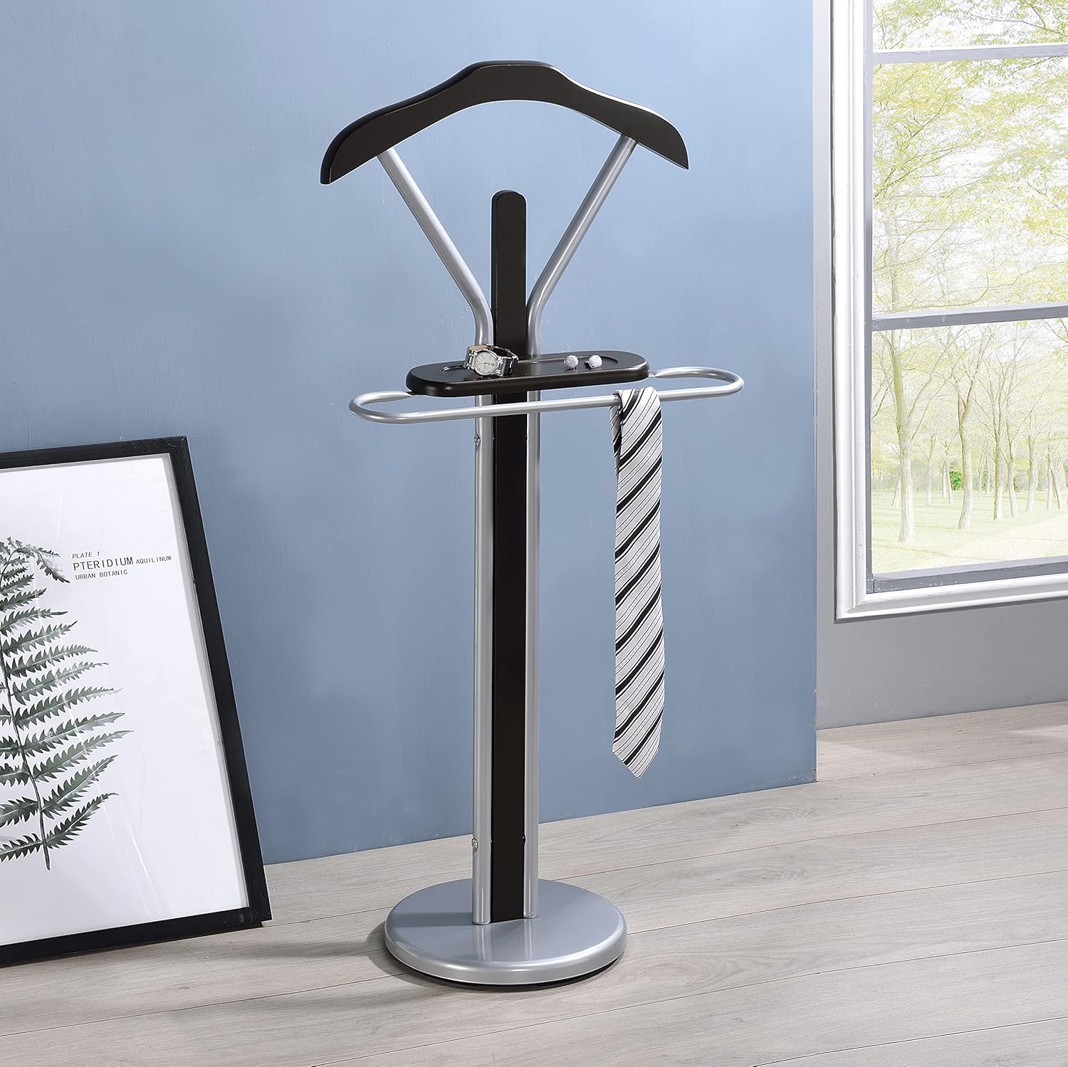 Kings Brand – Organizador de soporte de madera y metal con acabado plateado y nogal