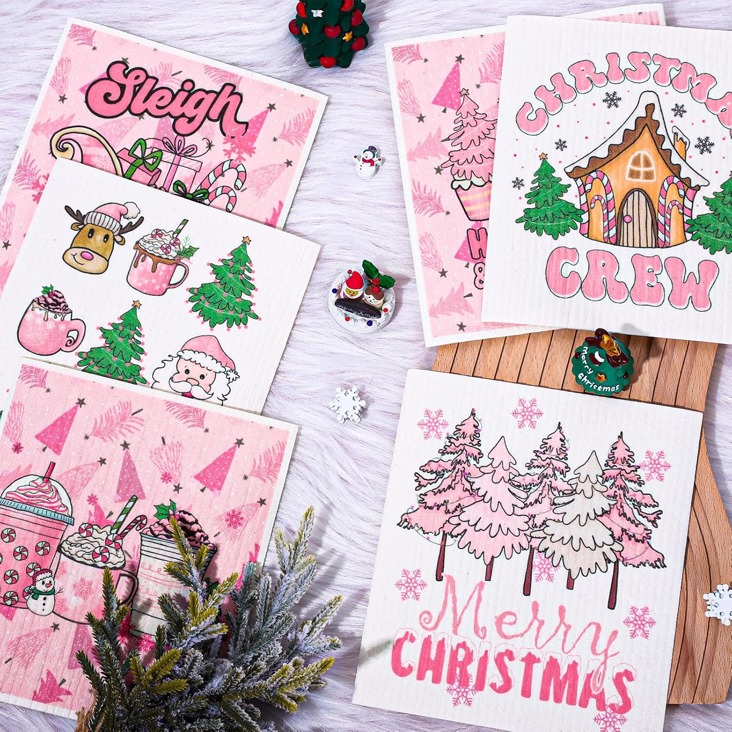 AnyDesign 6 paños de cocina suecos de Navidad, color rosa, con texto en inglés “Merry Christmas”, reutilizables, para invierno, árbol de Navidad,