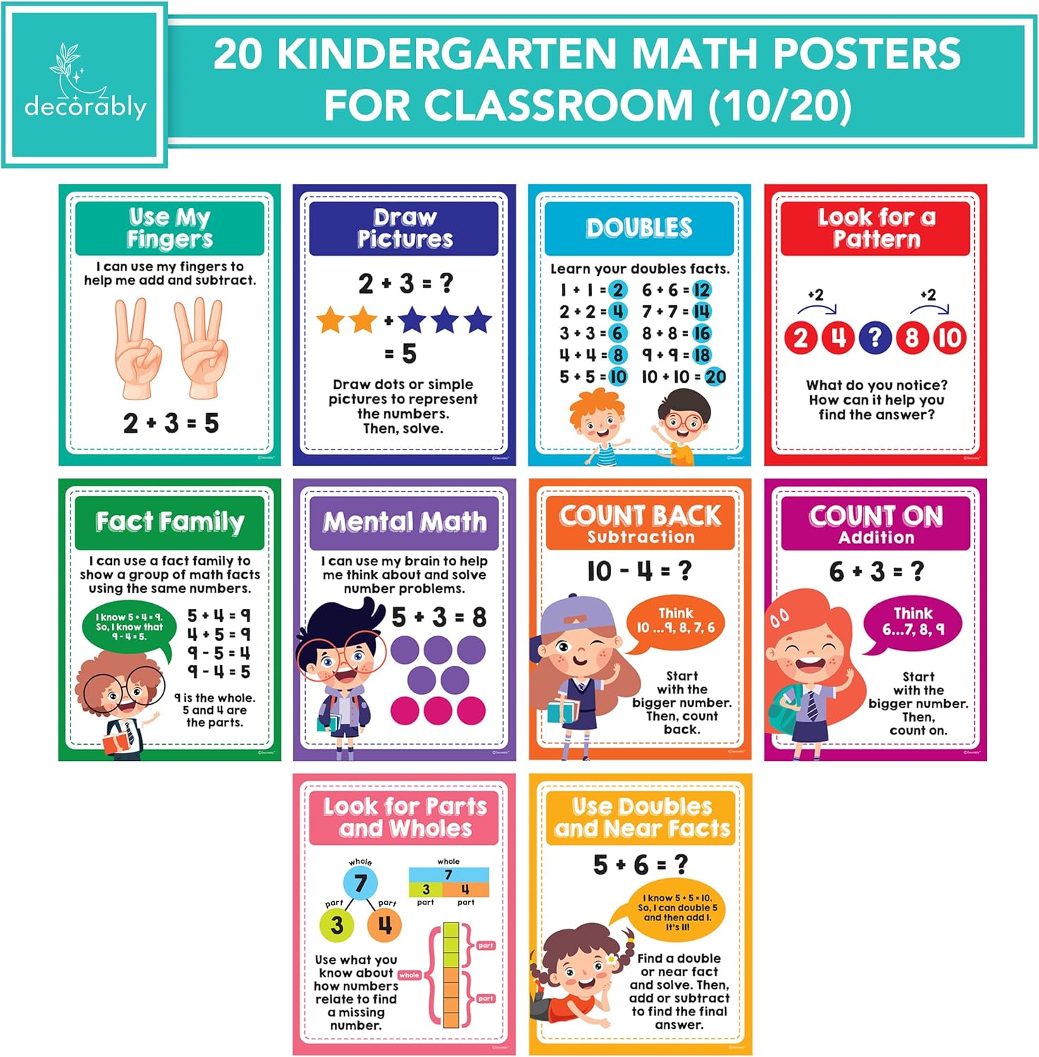 20 pósteres de matemáticas para escuela primaria  Pósters de matemáticas de primer grado de 11 x 14 pulgadas, gráficos de matemáticas para 1er