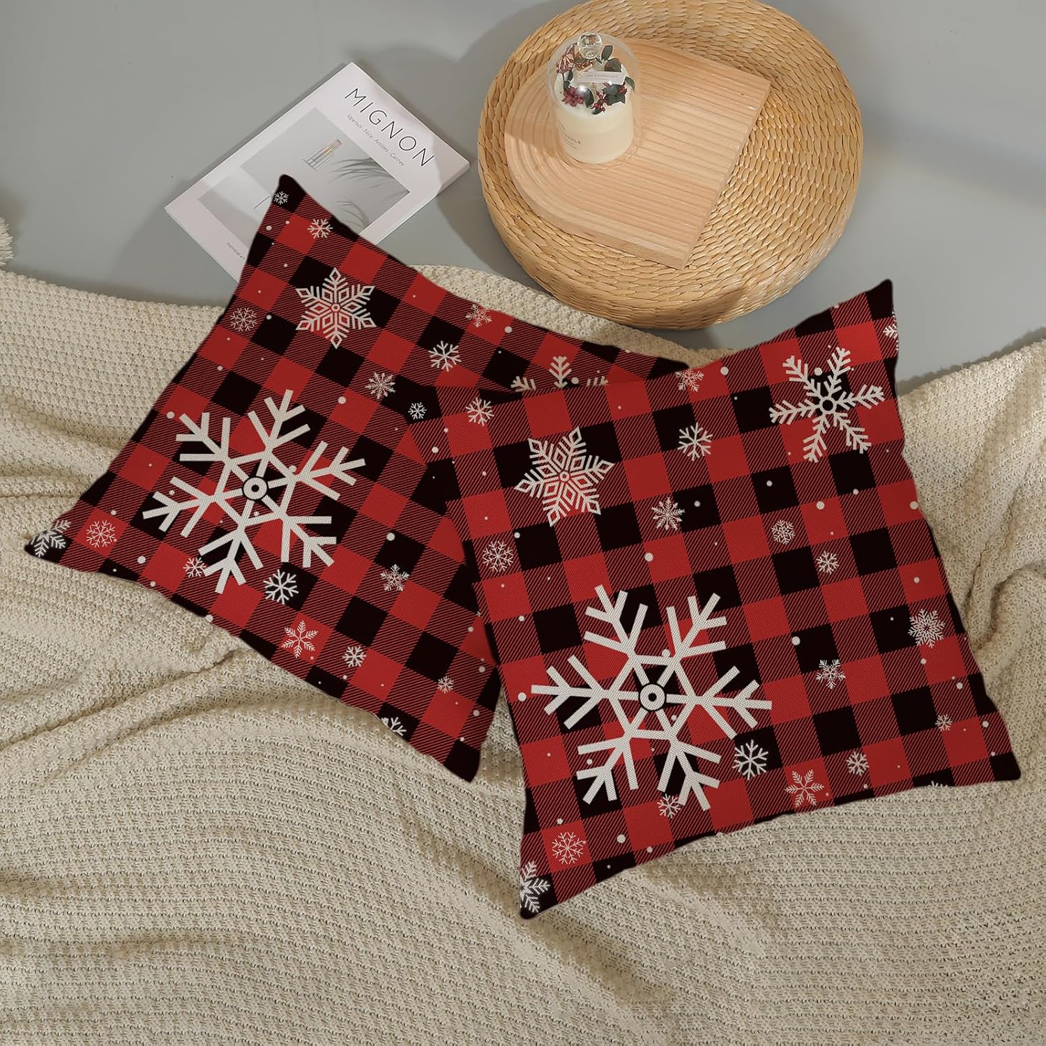 Yxuiyal Fundas de almohada navideñas de 18 x 18 pulgadas, juego de 2 fundas de almohada a cuadros de búfalo negro y rojo para decoración de Navidad,