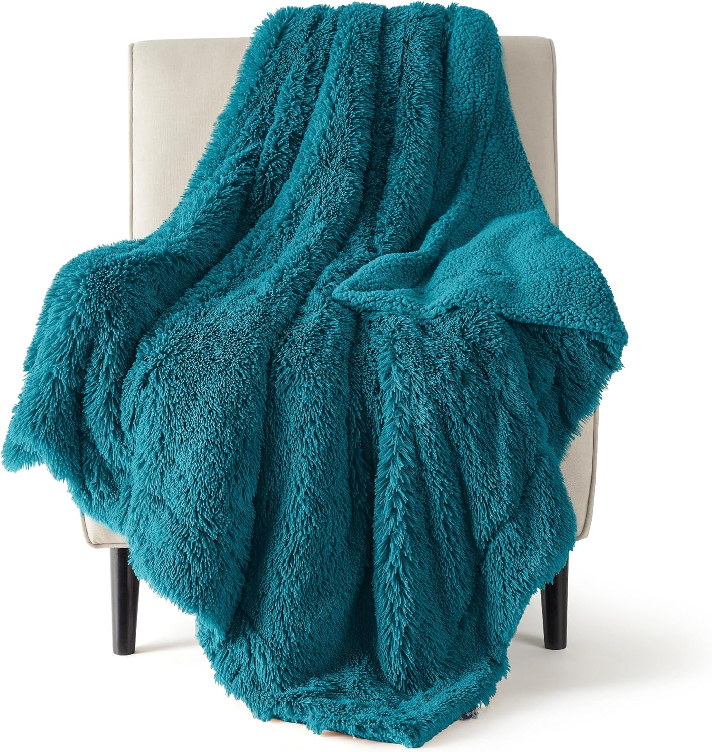 Bedsure – Manta de piel sintética tamaño individual, color verde azulado, peluda, esponjosa y lanuda, , sherpa suave y grueso, de teñido anudado,