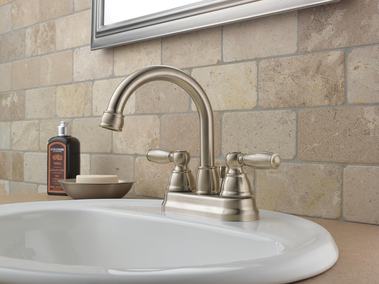 DELTA FAUCET Peerless Claymore P299685LF-BN – Grifo de lavabo de baño de níquel cepillado, montaje de drenaje emergente, níquel cepillado