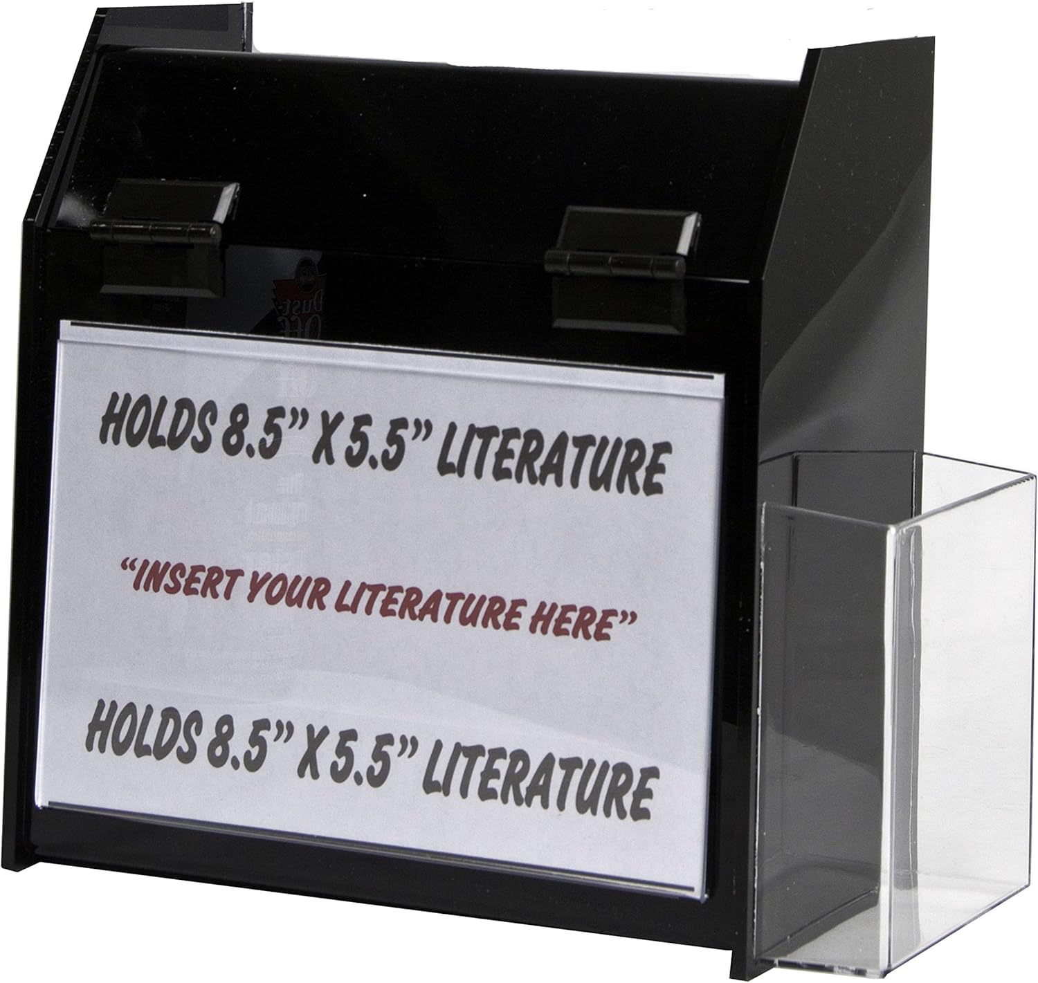 Urna acrílica negra de 5 x 9 x 6 con cerradura, marco de anuncios de 8.5 x 5.5 y soporte para folleto triple – Contenedor de plástico para