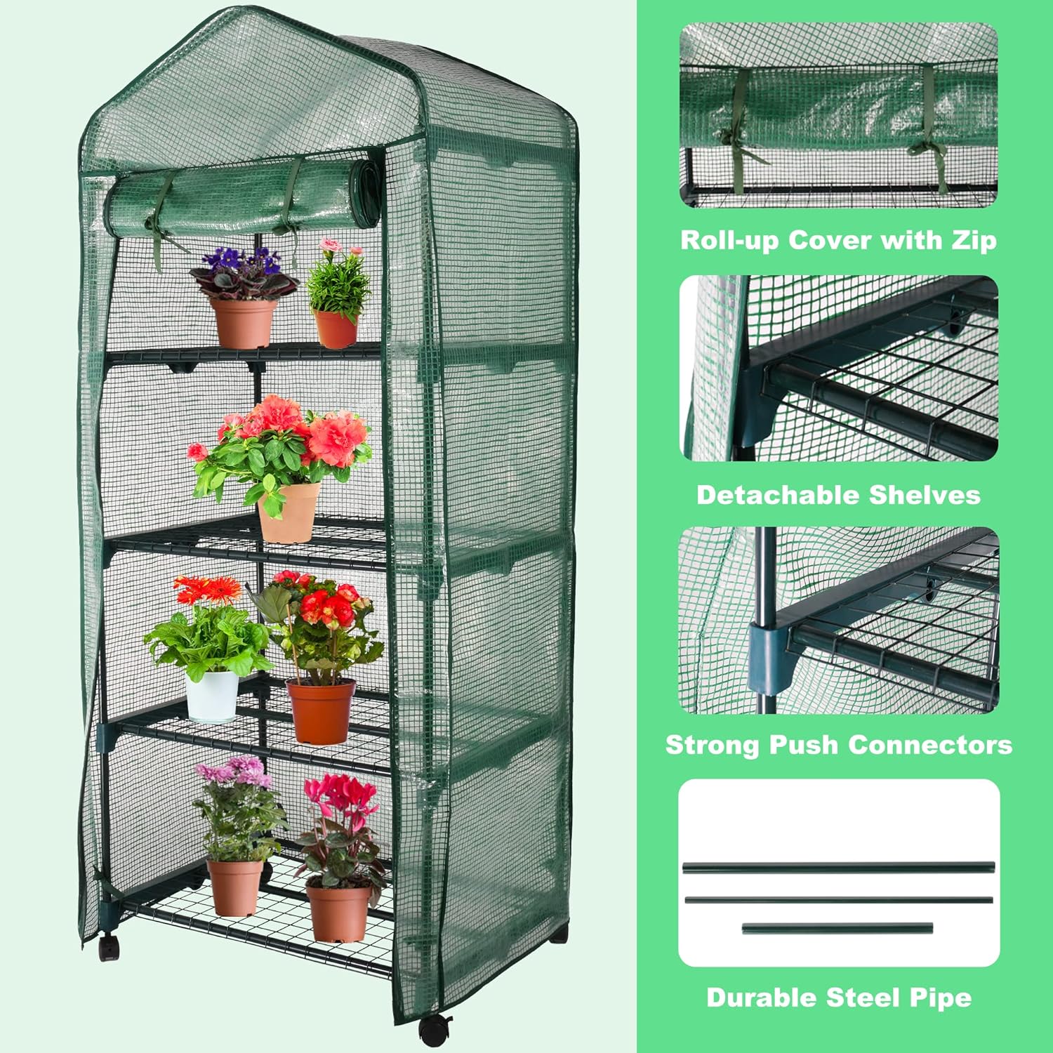 Mini invernadero de 4 niveles para interiores y exteriores, pequeña casa verde con ruedas giratorias y cubierta de PVC, mini invernadero rodante