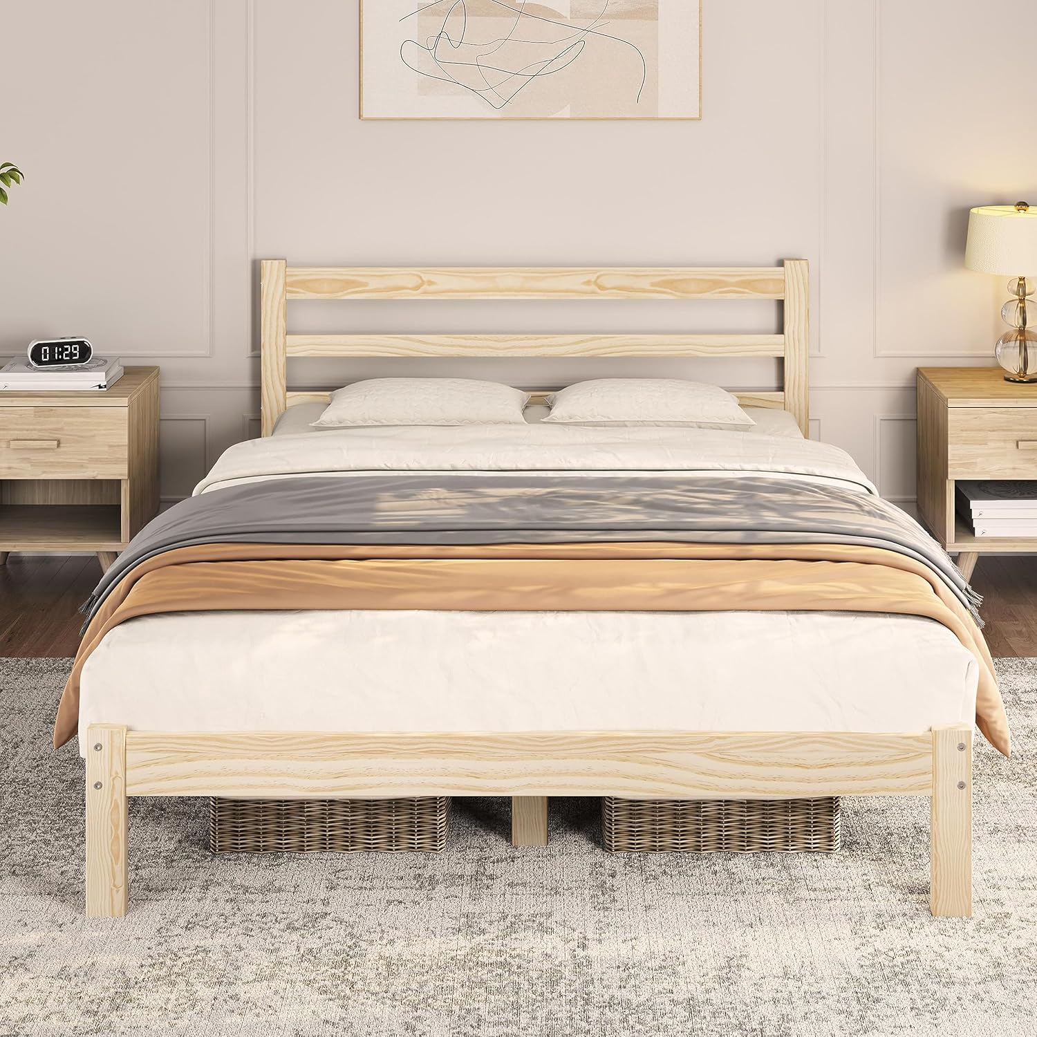 Yaheetech Base de cama Queen con plataforma de madera de pino maciza con cabecera con paneles, estilo Wicklow, soporte de listones de madera, sin