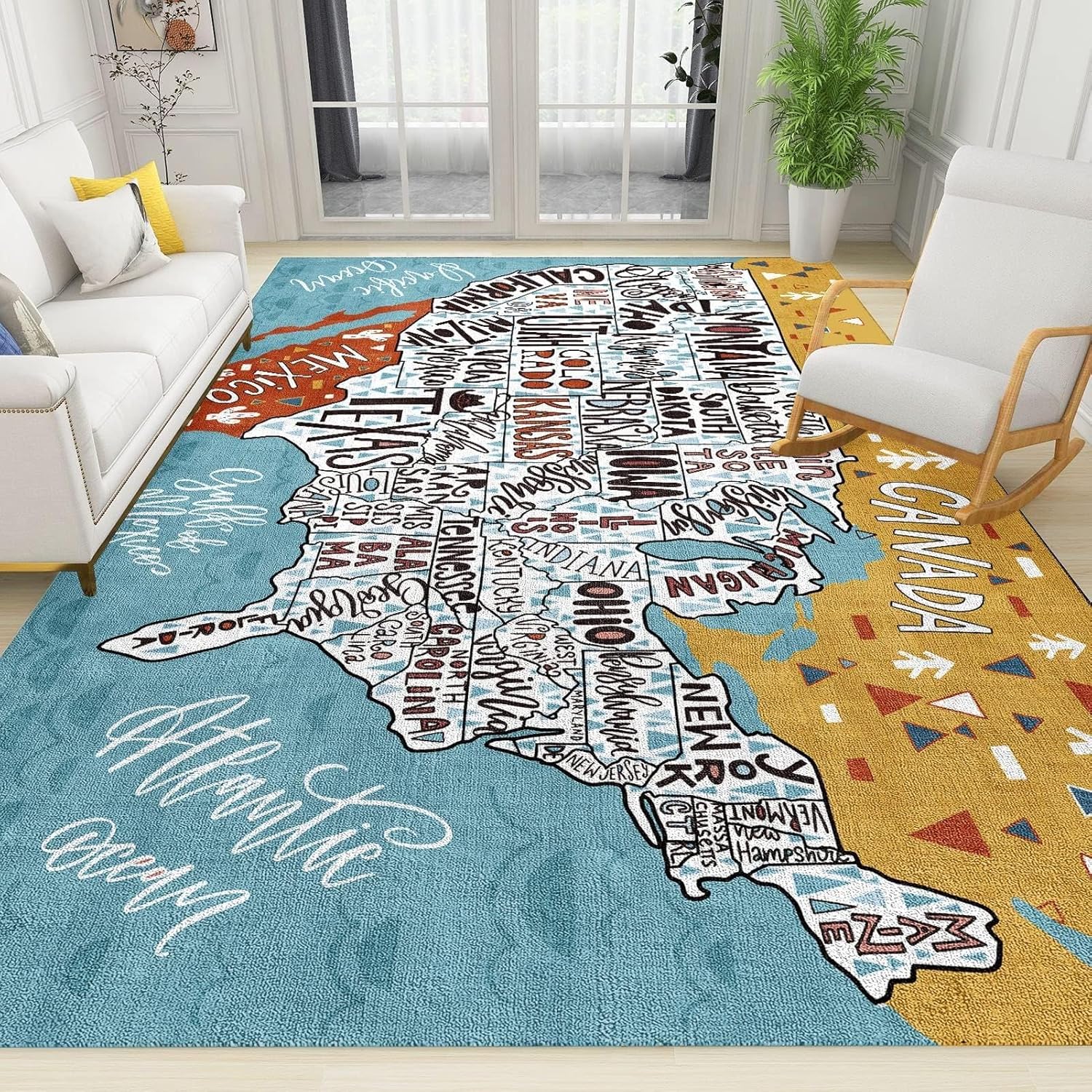 Alfombra para niños con mapa de Estados Unidos, fácil de limpiar, suave y antideslizante para niños, adolescentes, niñas, niños, dormitorio, sala de