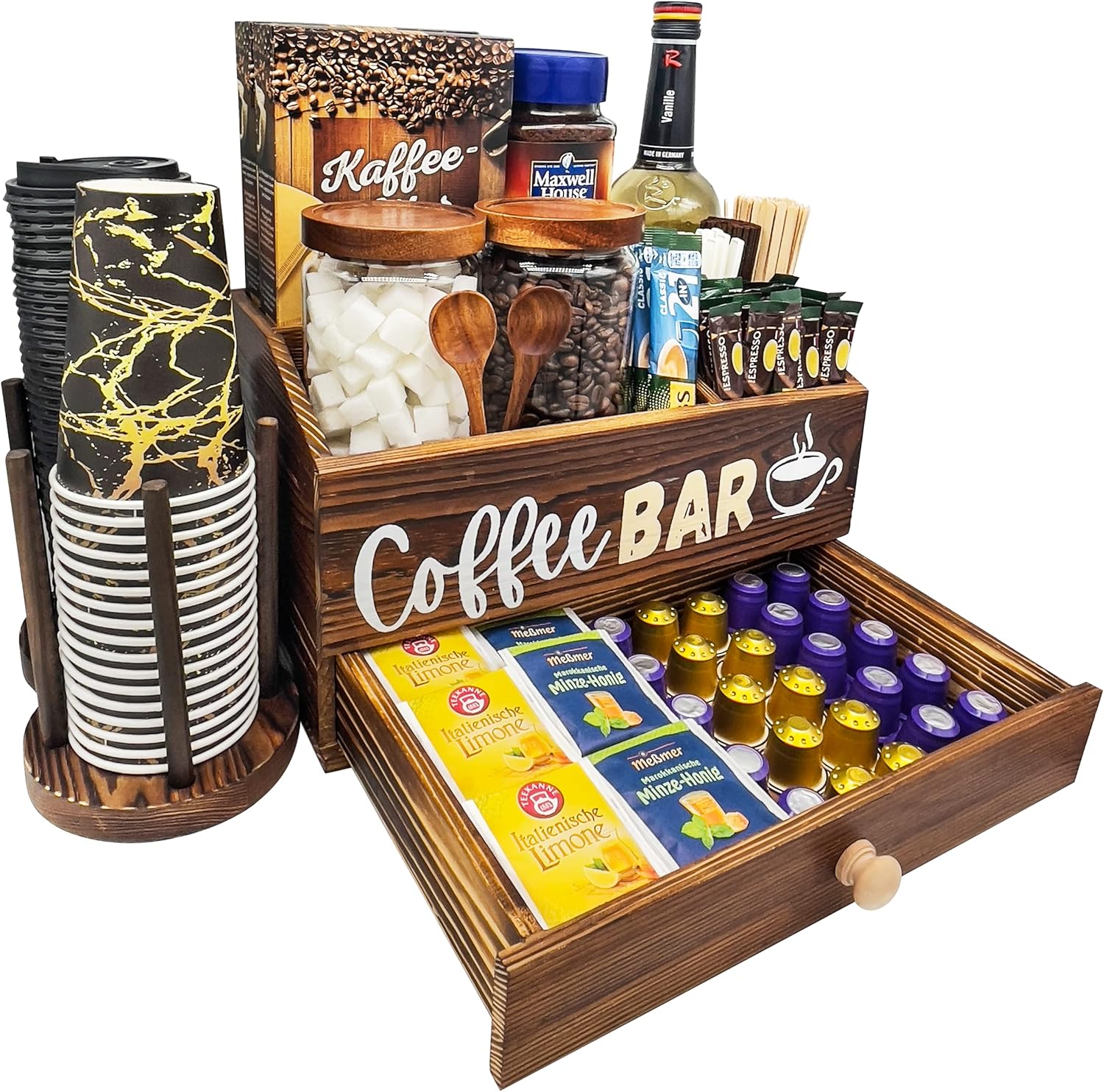 Organizador de estación de café para encimera, organizador de madera para barra de café, cesta de almacenamiento con cajón, organizador de