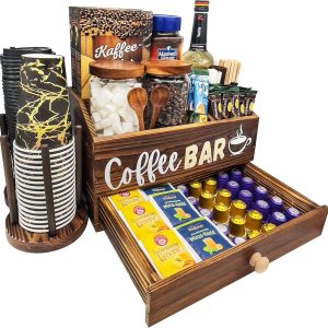 Organizador de estación de café para encimera, organizador de madera para barra de café, cesta de almacenamiento con cajón, organizador de Organizador de estación de café para encimera, organizador de madera para barra de café, cesta de almacenamiento con cajón, organizador de