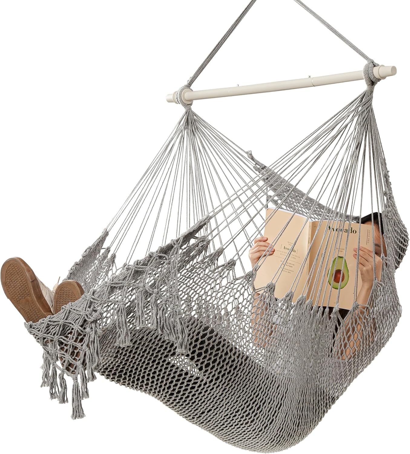 HBlife Silla hamaca de macramé de 330 libras con barra de metal portátil tejida a mano cuerda de algodón hamaca columpio para dormitorio, gris,