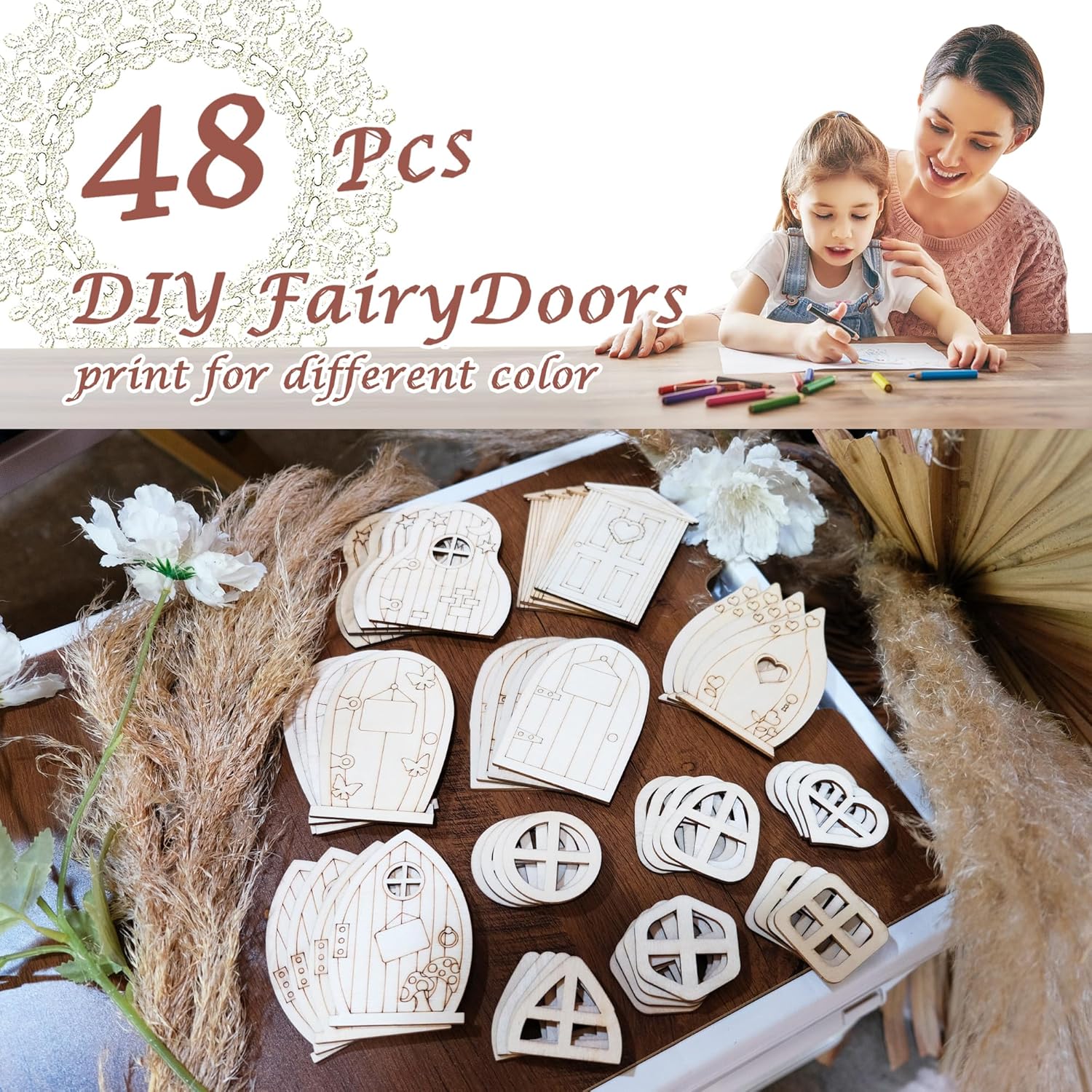 Halandar 48 piezas de puertas de jardín de madera para manualidades, mini ventana, casa de hadas, kit de bricolaje sin terminar, puerta en miniatura