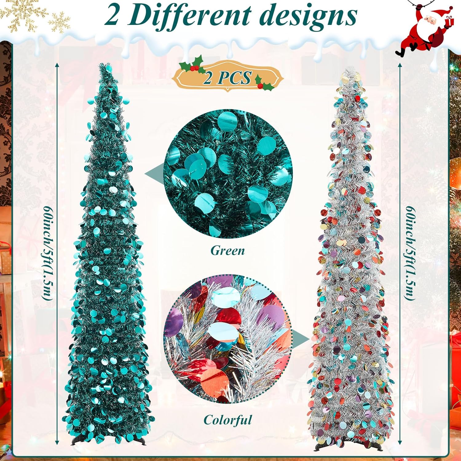 Shappy 2 árboles de Navidad plegables de 5 pies, árbol de Navidad artificial de oropel para decoración del hogar, oficina, interior, dormitorio,