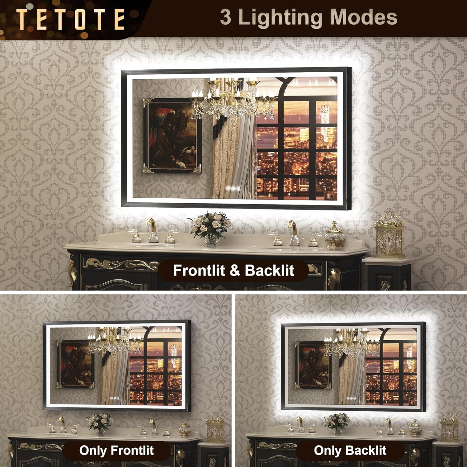 TETOTE Espejo LED de 72 x 36 pulgadas para baño, marco de metal negro frontal y retroiluminado, espejo de tocador barroco, gótico, antivaho sin