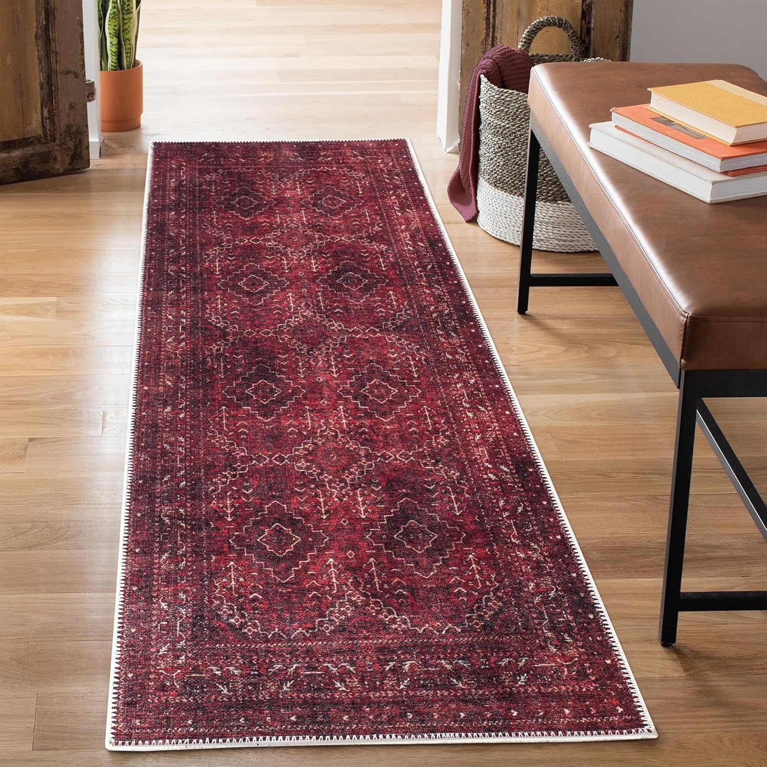 Bloom Rugs Alfombra de pasillo lavable antideslizante de 10 pies  Rojo oscuro con borde tradicional para entrada, pasillo, baño y cocina  Tamaño