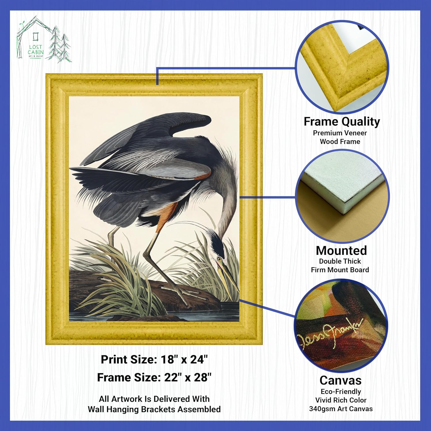 Lost Cabin Great Blue Heron de James Audubon  Lienzo en marco biselado dorado  Reproducción de pinturas de obras de arte finas  Póster decorativo