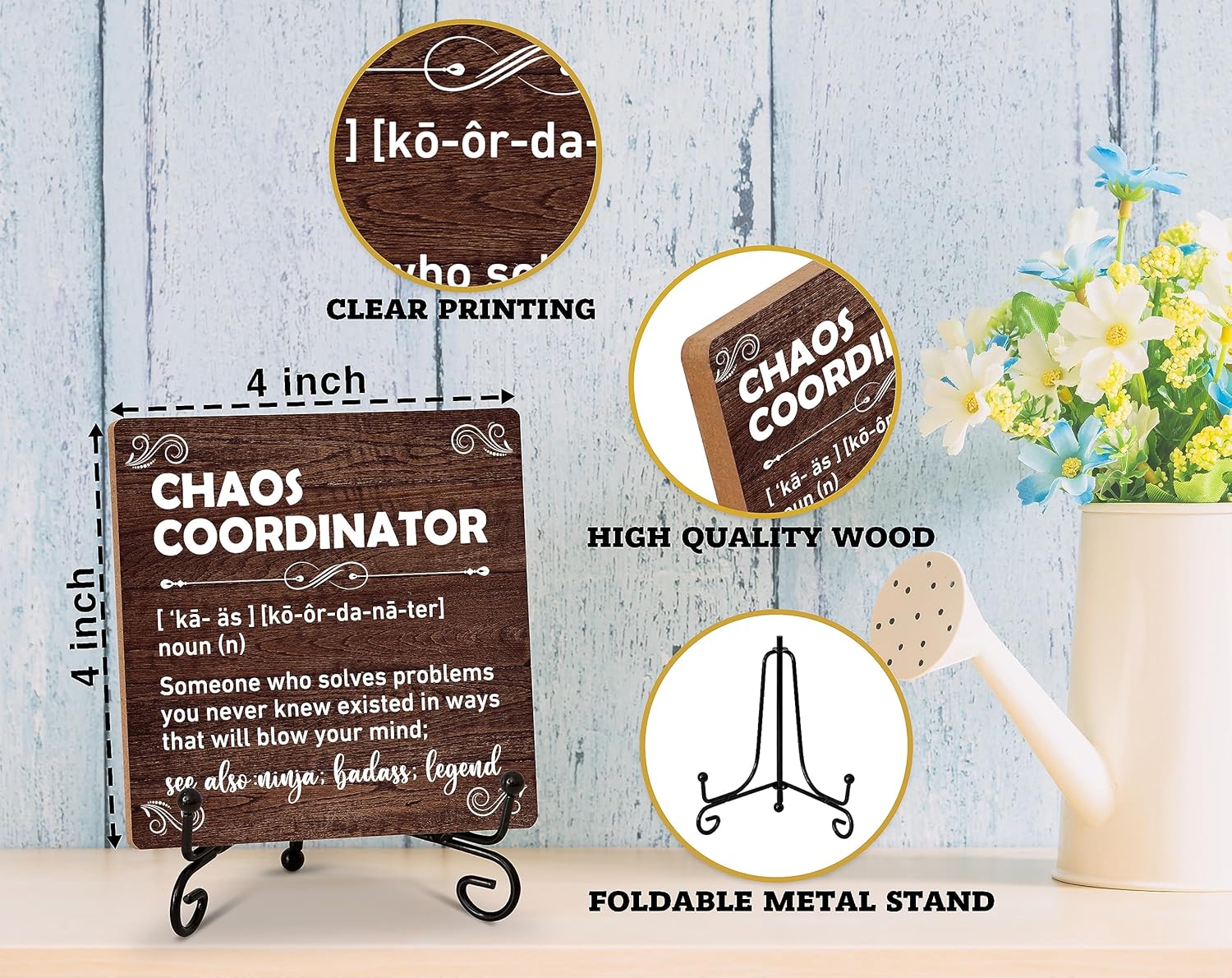 Chaos Coordinator – Decoración de escritorio de oficina en casa, letrero de placa de madera con soporte de hierro, regalos de agradecimiento para
