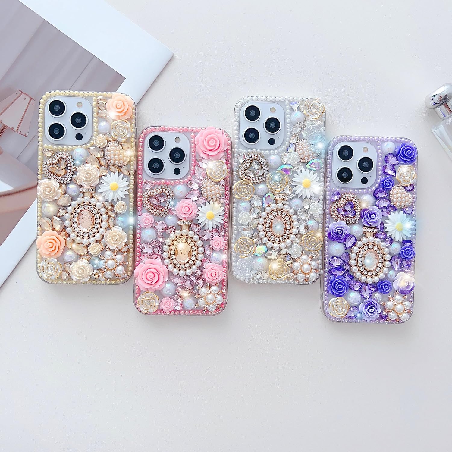Funda con diamantes de imitación para iPhone 15 Pro Max de 6.7 pulgadas, CuteGlitter Bling Bling Luxury 3D Stone Diamond Flower Rose Queen Soft TPU