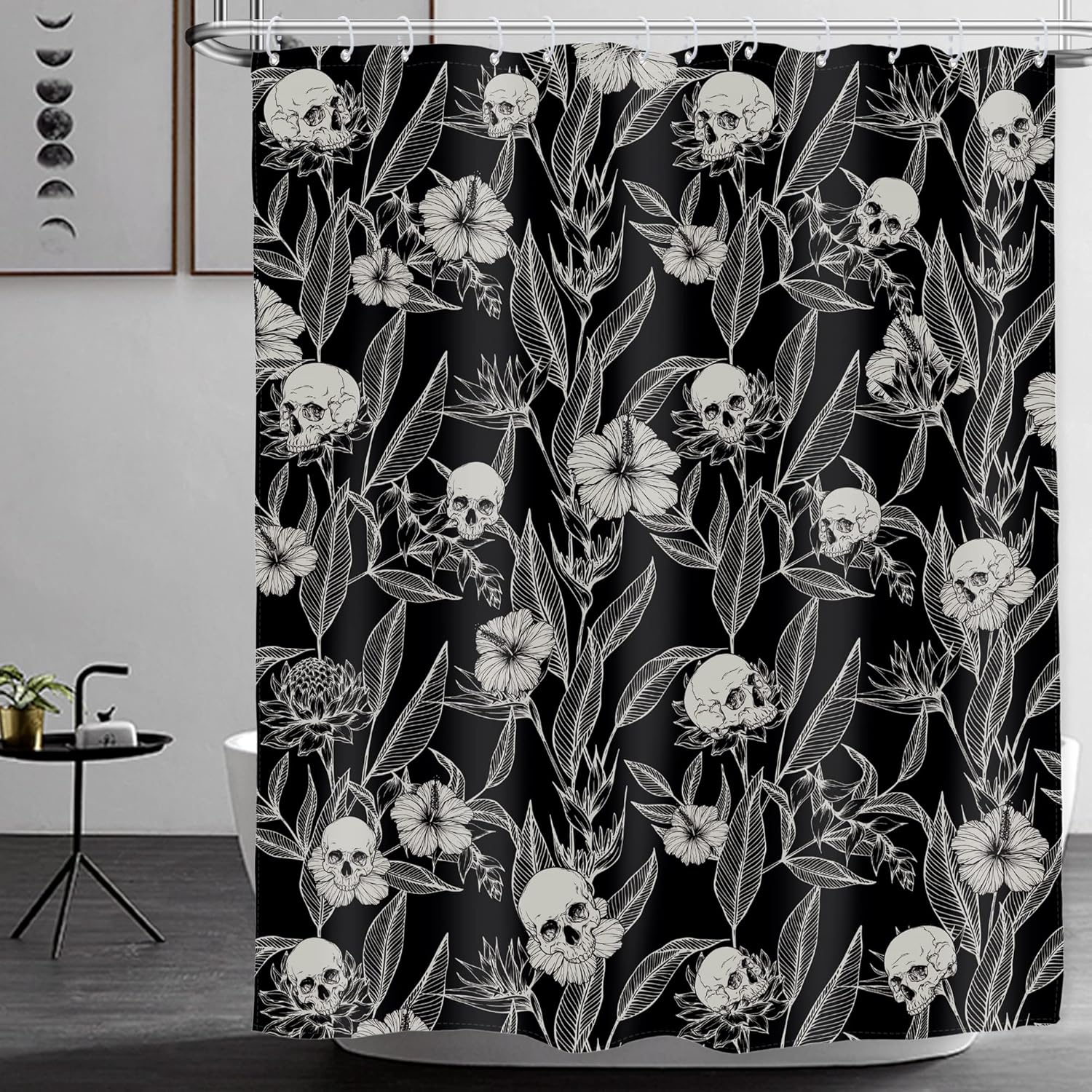 AMBZEK Cortina de ducha con diseño floral de calavera negra, 72 pulgadas de ancho x 72 pulgadas de largo, para hombre, gótico, espeluznante,