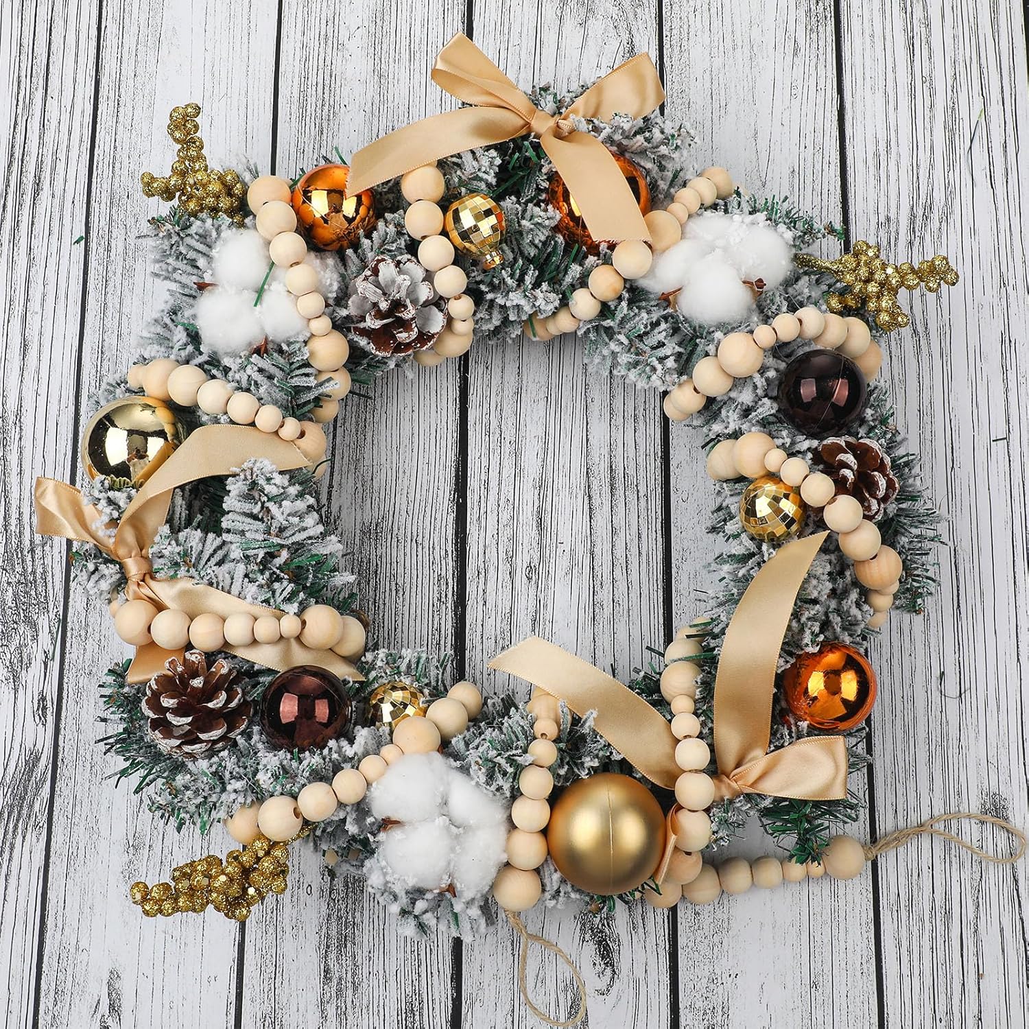 2 cuentas de madera bohemias de Navidad de 18 pies, guirnalda de cuentas de madera de granja, guirnalda redonda para manualidades, decoración de