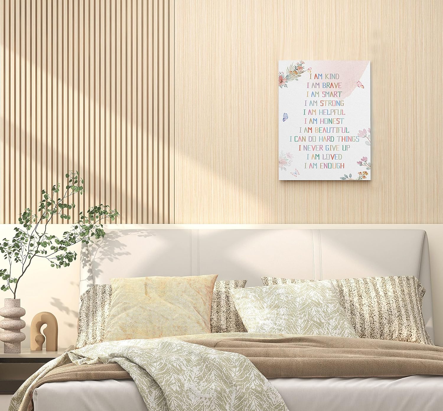 WODMIS Affirmation – Lienzo enmarcado para pared, diseño de acuarela con texto en inglés “I Am Kind Smart Brave” (rosa 1, 11 x 14)