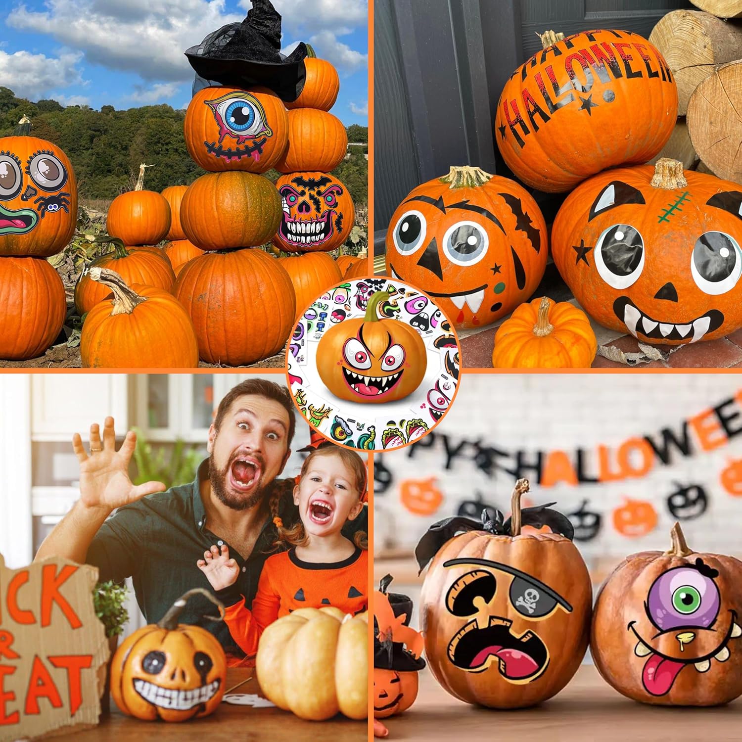 Calcomanías de calabaza de Halloween para niños, 30 calcomanías de vinilo de cara de calabaza para niños, calcomanías vibrantes que no se repiten