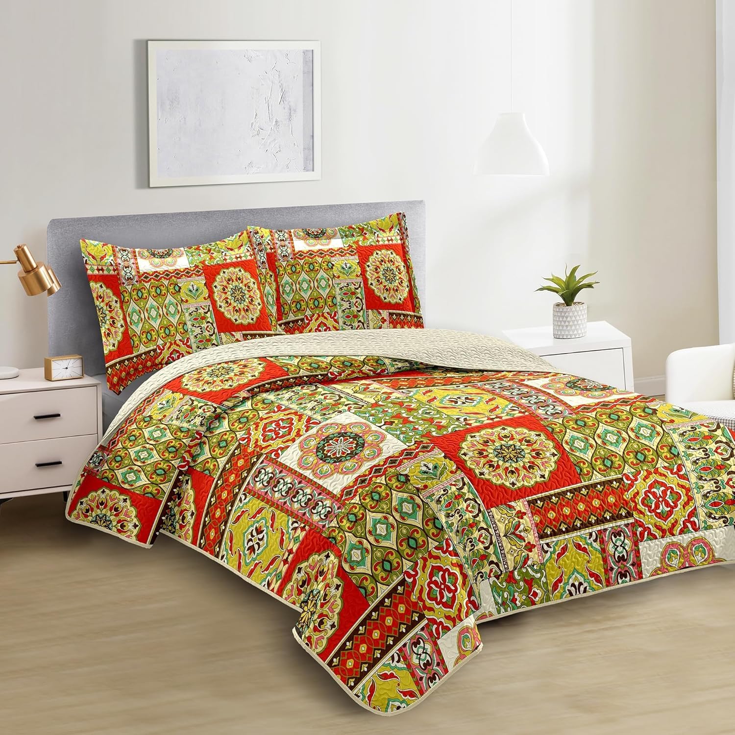 Juego de edredón bohemio de 3 piezas, tamaño King, color naranja, reversible, bohemio, floral, para todas las estaciones, juego de ropa de cama de