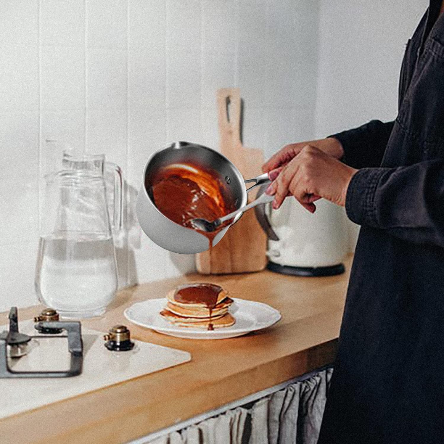 Olla de acero inoxidable de 2.0 cuartos de galón con tapa de colador de vidrio, olla con dos boquillas laterales, olla de cocción de inducción,