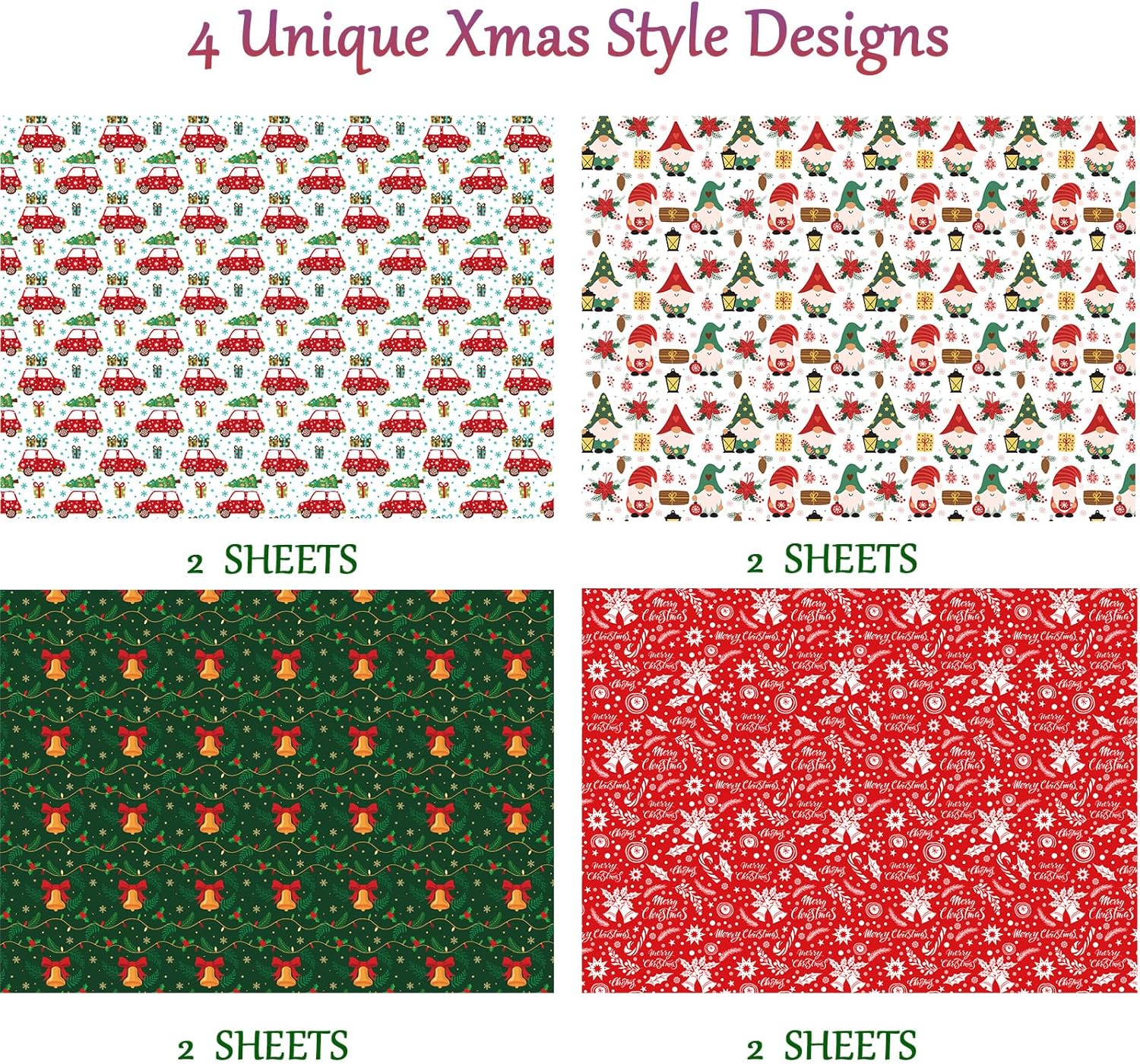 RiukRaiu Papel de regalo de Navidad para niños, hombres y mujeres. Diseño de Navidad, envoltura de regalo que contiene árbol, automóvil, copo de