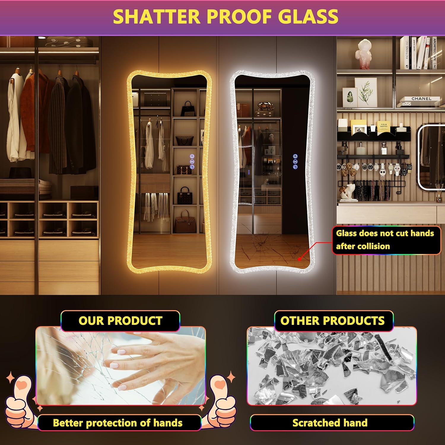 Dystler Full Length Mirror – Glass Full Body Lighted Mirror for BedroomLiving RoomBathroom, Hanging Dressing Mirror, Wall Mounted Mirror Dimming & 7