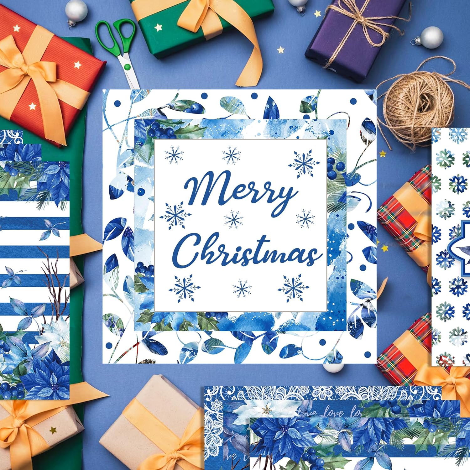 GLKTOPO Papel de recortes de Pascua de Navidad de 12 pulgadas, 24 hojas de Navidad de doble cara azul y rojo con patrón de flores de acuarela para