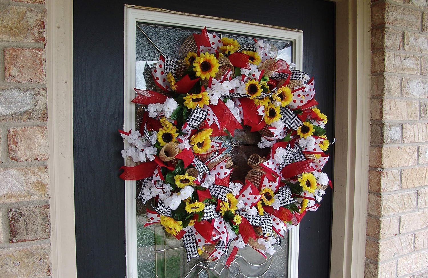 Bright Spring Summer Red Polka Dot Sunflower Deco Mesh Front Door Wreath, Porch Patio Decor, Indoor Outdoor Decoration