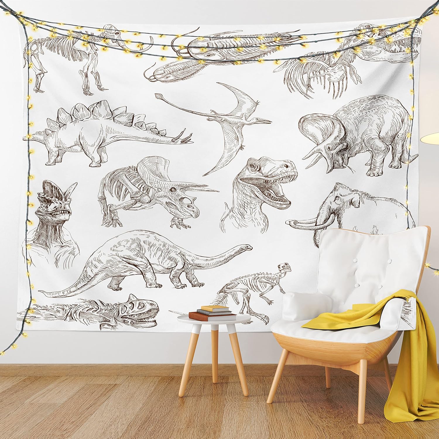 Ambesonne Tapiz jurásico, arreglo de varios dinosaurios, ilustraciones de esqueleto biología histórica, colgante de pared ancho para dormitorio,