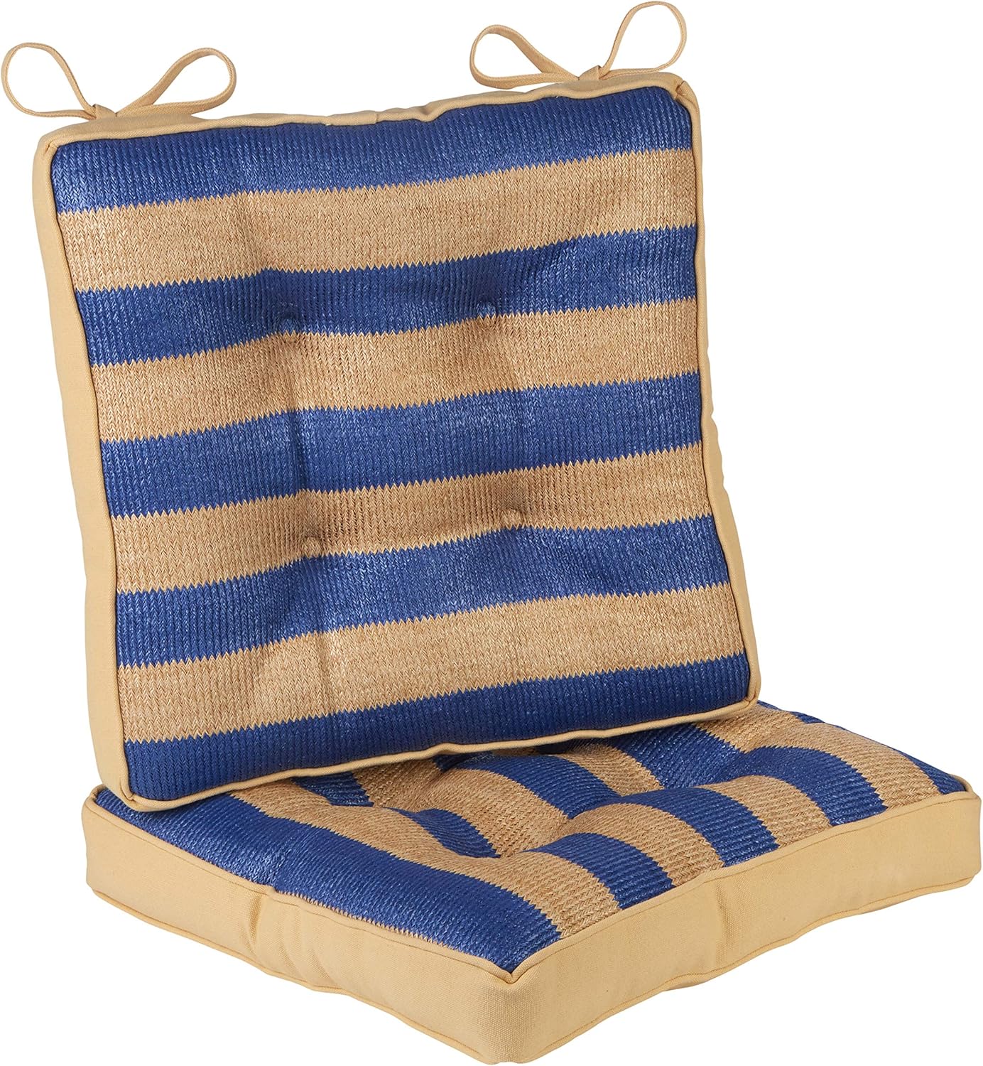 Klear Vu Raffia – Juego de 2 cojines resistentes al agua para sillas de patio y respaldo, 16 x 16 pulgadas, paquete de 2, rayas azules, 2 unidades
