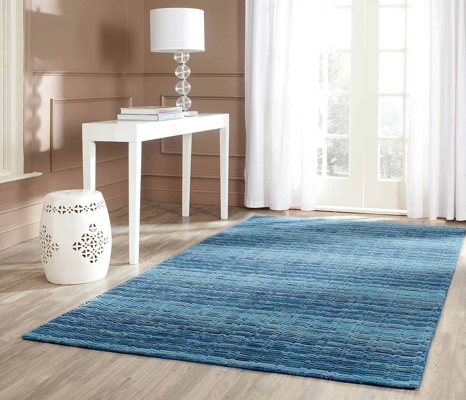SAFAVIEH Himalaya Collection – Alfombra decorativa, 4 x 6 pies, azul y multicolor, lana hecha a mano, ideal para zonas de alto tráfico en entrada,
