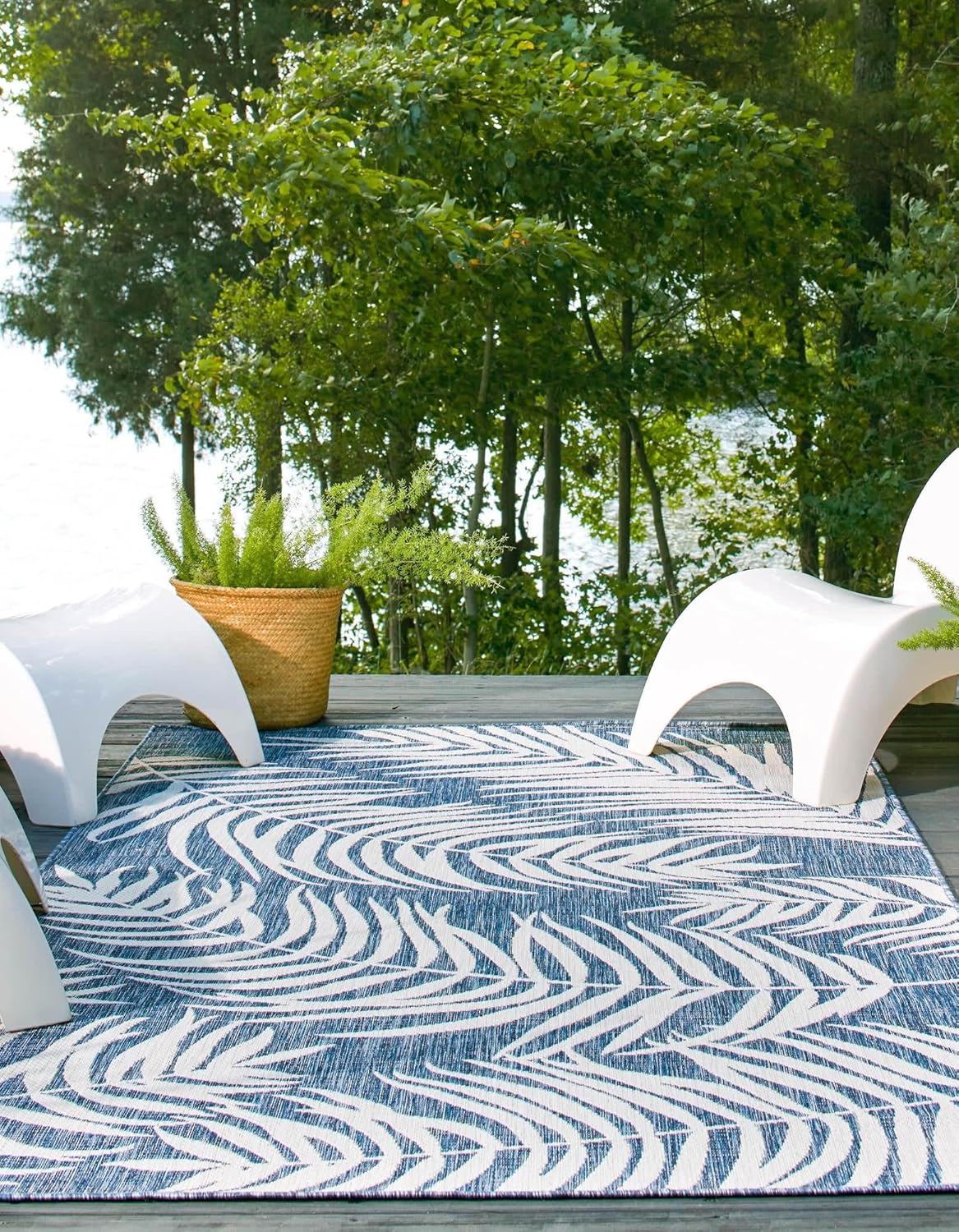 Unique Loom – Tapete de la colección Outdoor Botanical, diseño de palmera (5.1pies x 8pies, rectangular, color azulazul marino)