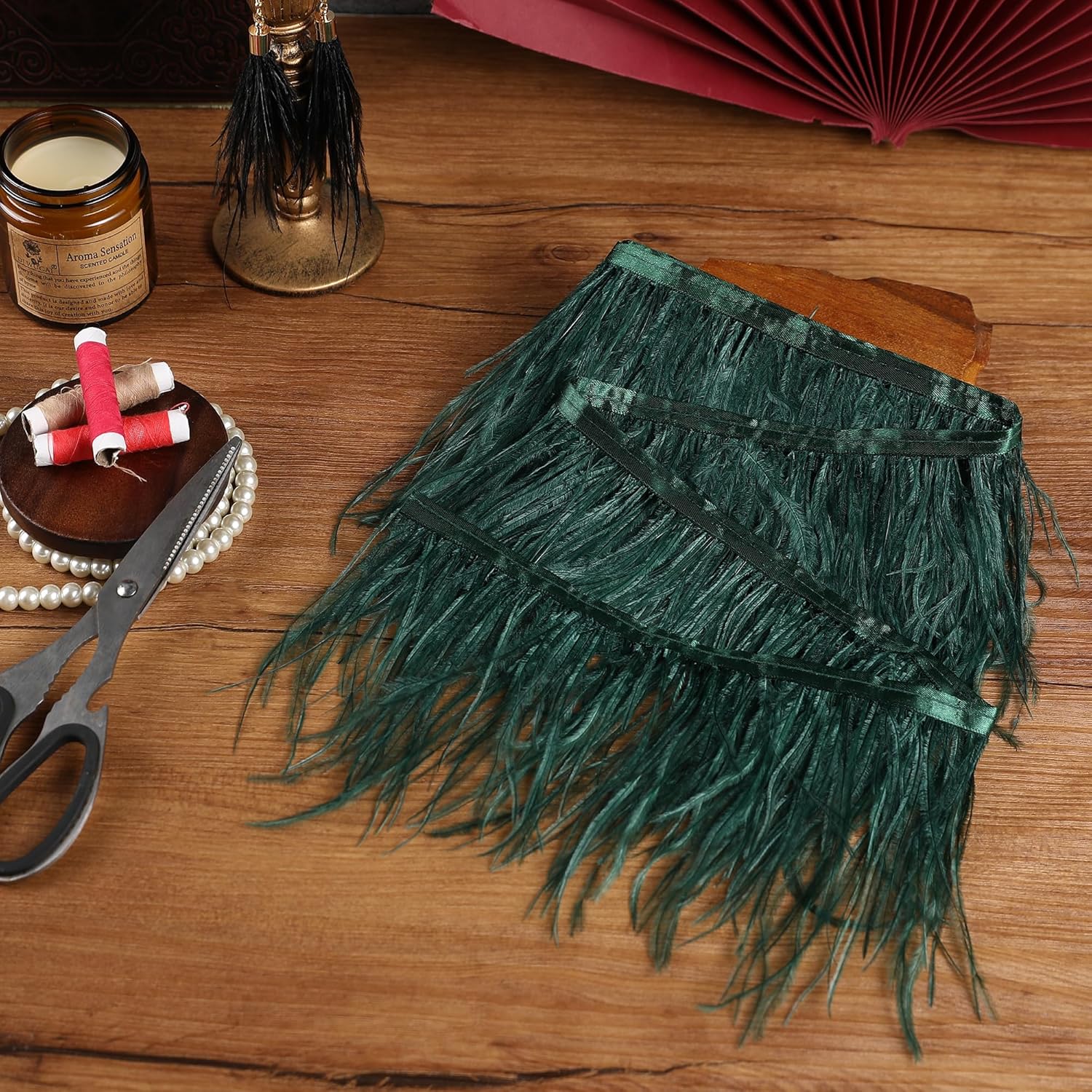 Soarer Ribete de plumas de avestruz verde  2 yardas de 5 a 7 pulgadas con flecos, para costura de ropa de bricolaje, vestido latino, carnaval para