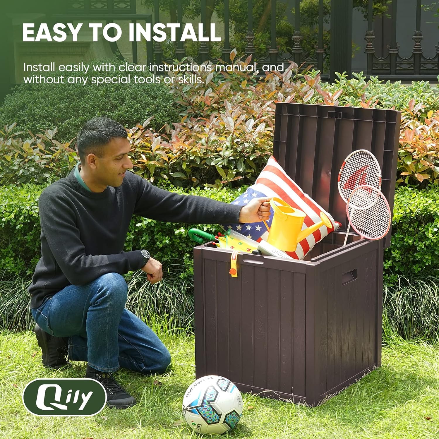 Qily Caja de almacenamiento para exteriores, resina impermeable, almacenamiento de cojines exteriores, caja de cubierta pequeña, duradera, caja de