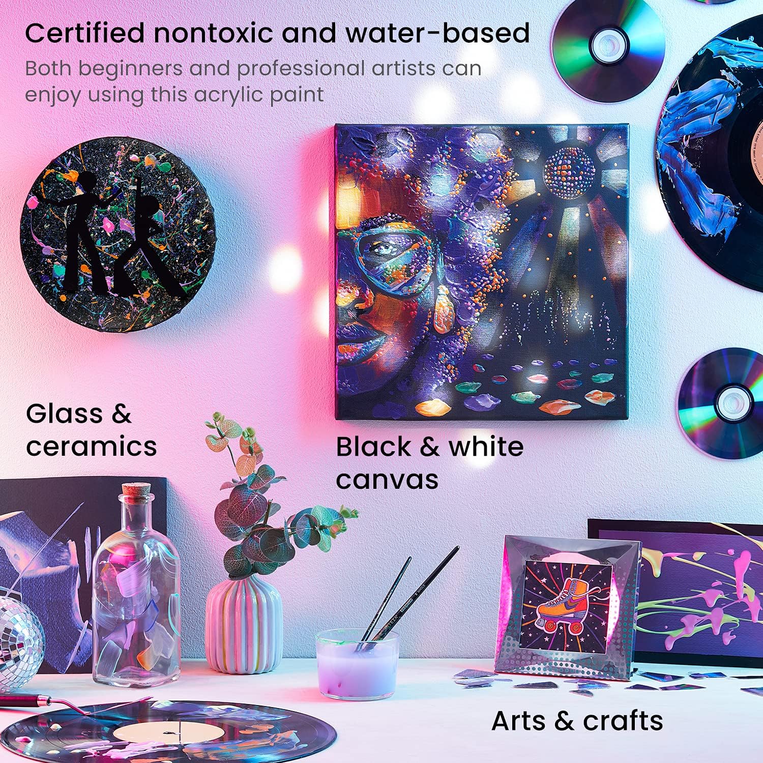 ARTEZA Juego de pintura acrílica metálica iridiscente de 10 colores soñadores, botellas de 2 onzas, pintura a base de agua de alta viscosidad,