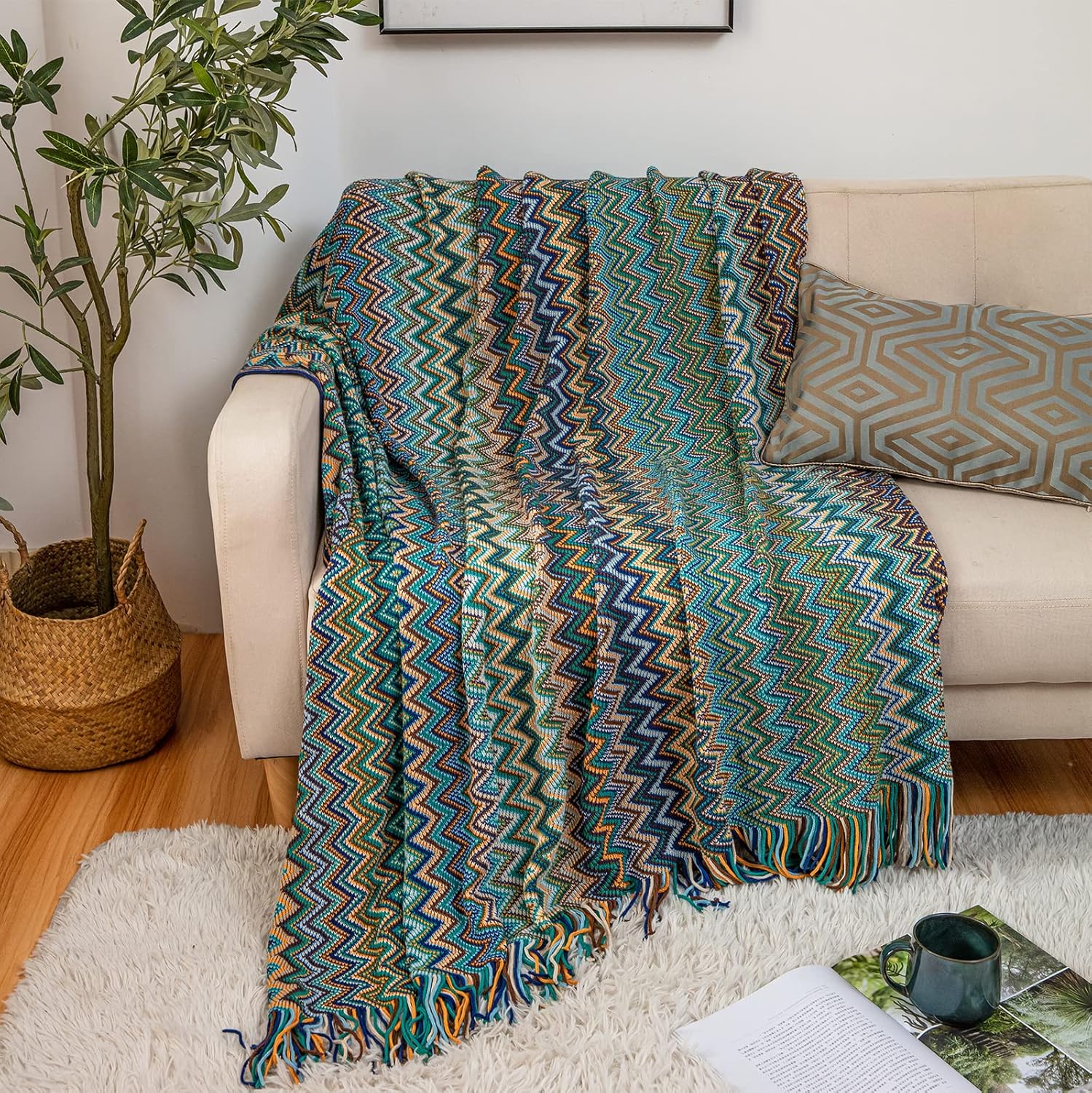 LIFEIN – Manta de punto estilo bohemio para sofá, manta bohemia suave de primavera, acogedora manta ligera de punto con borlas para decoración del