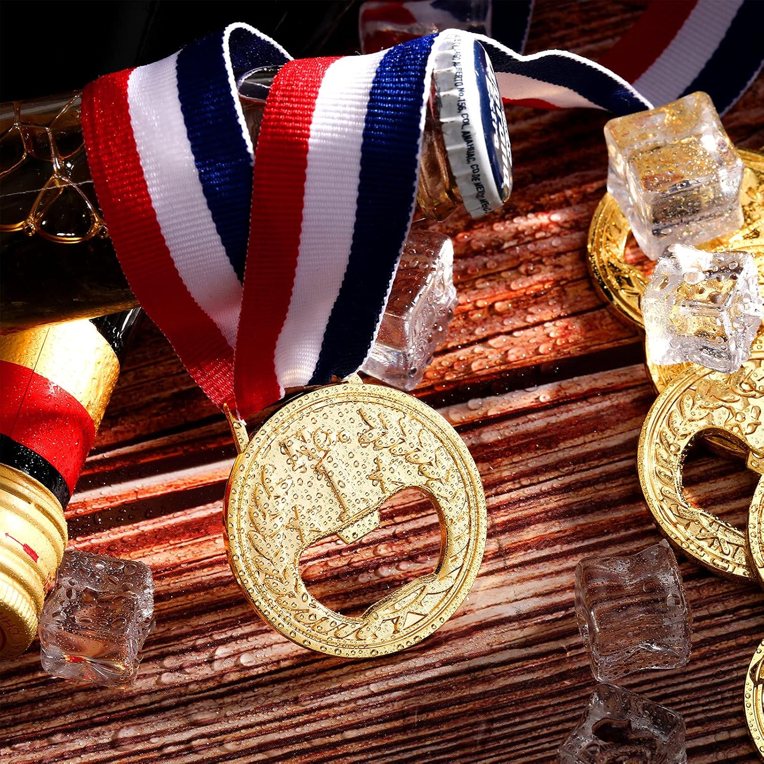 8 piezas de abrebotellas planas en forma de medalla, ganador de premio, medalla de vino, cerveza, abrebotellas olímpicas de metal con cinta para el
