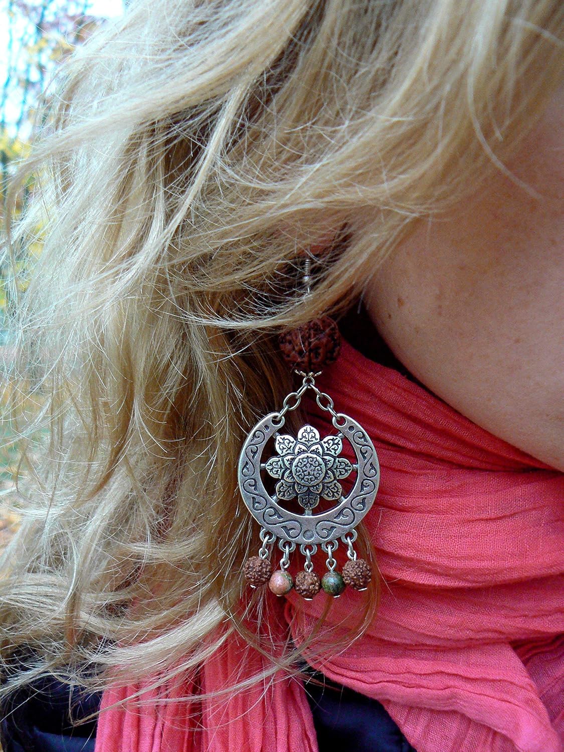 Mandala Earrings with Rudraksha Beads and Unakite Stones – Handmade, Shakti flower, Real 5 Mukhi Rudraksh Seed, Saraswati Festival Jewelry, Hippie