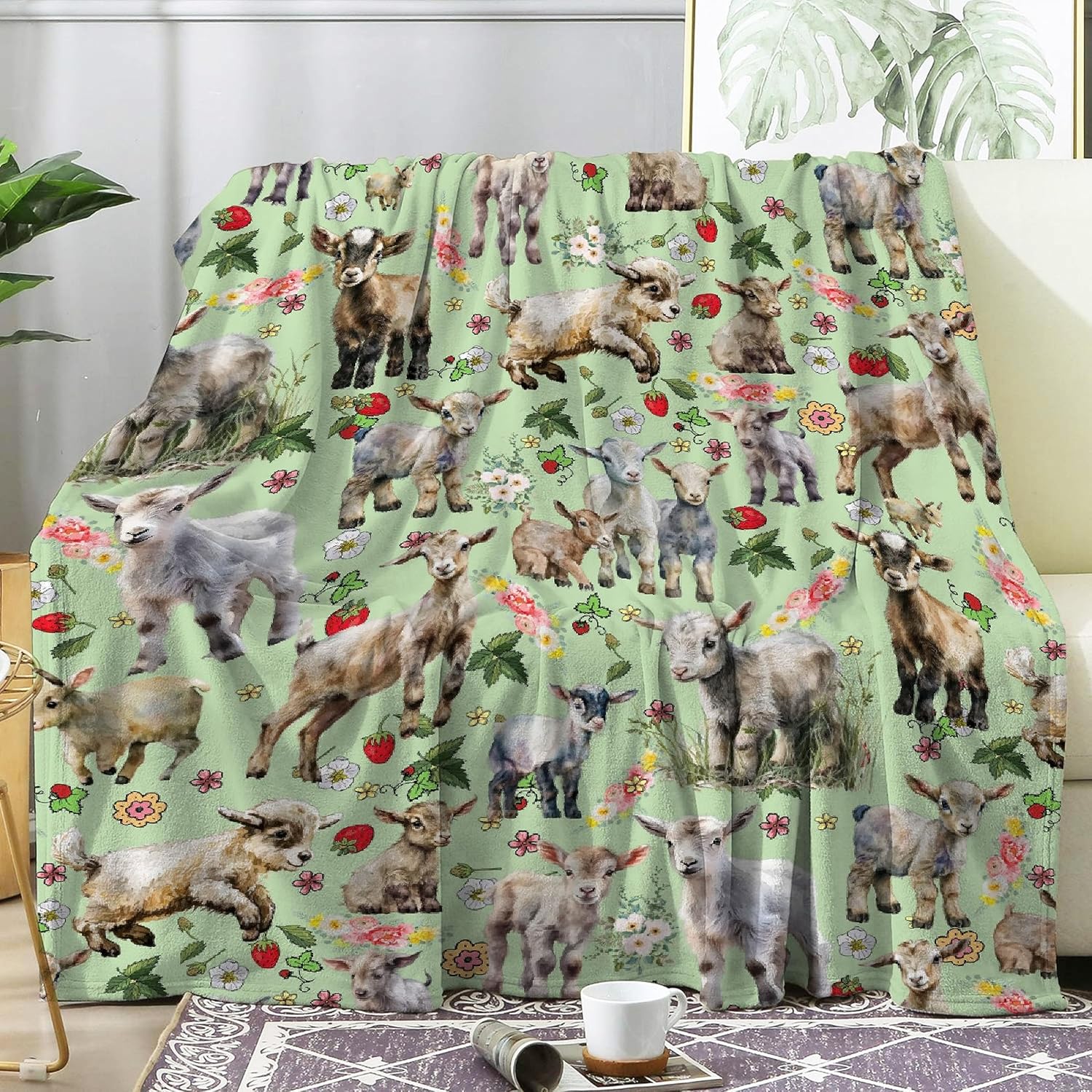 Manta floral de cabras, regalos para niños y niñas, manta de animales de granja, regalos para decoración de niños, lindas cabras de felpa, suave,