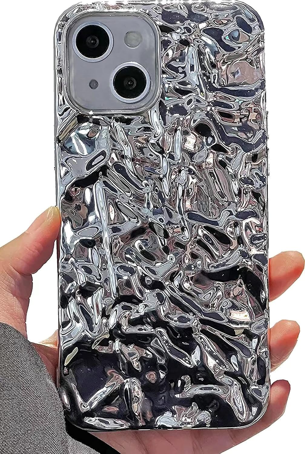 Shinymore Funda compatible con iPhone 15 con brillantina, diseño de purpurina plateada y suave de silicona con pliegues 3D para mujeres y niñas, a