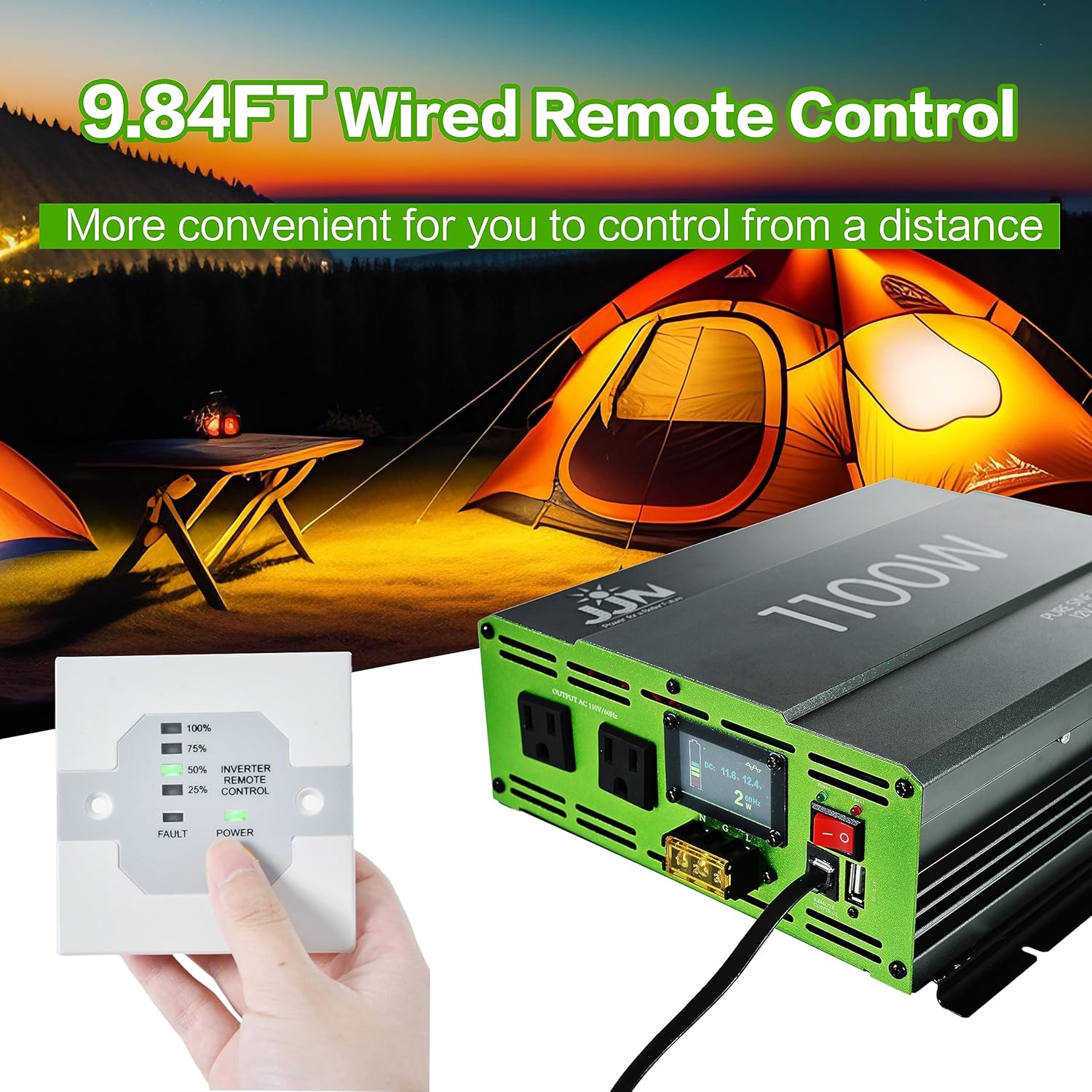 Inversor de onda sinusoidal pura de 1100 W, CC 12 V a CA 110 V120 V, convertidor con pantalla digital LCD, control remoto con cable, inversor de