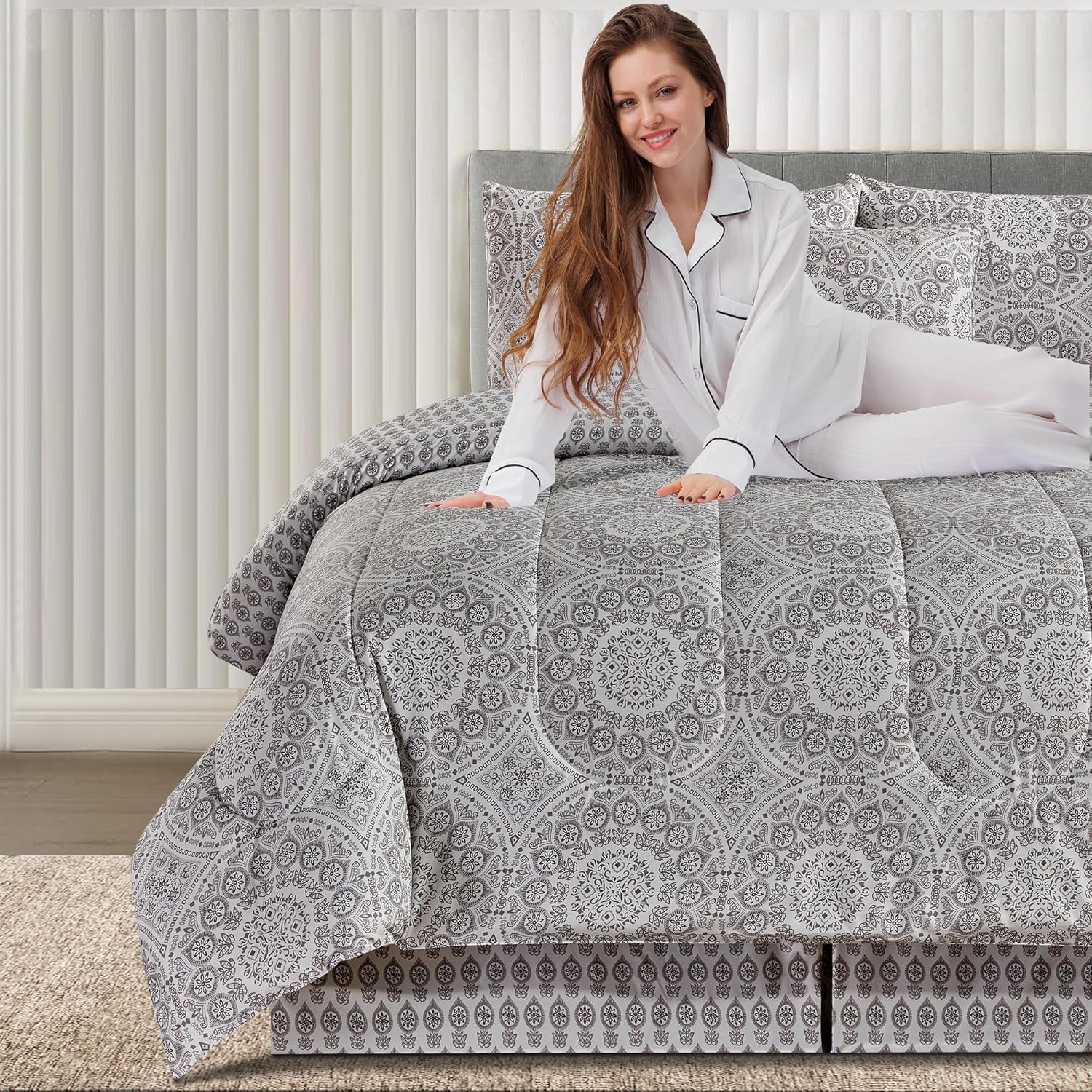 Juego de edredón de 5 piezas tamaño Queen  Reversible estampado azteca gris  Juego de ropa de cama para todas las estaciones, edredón acolchado