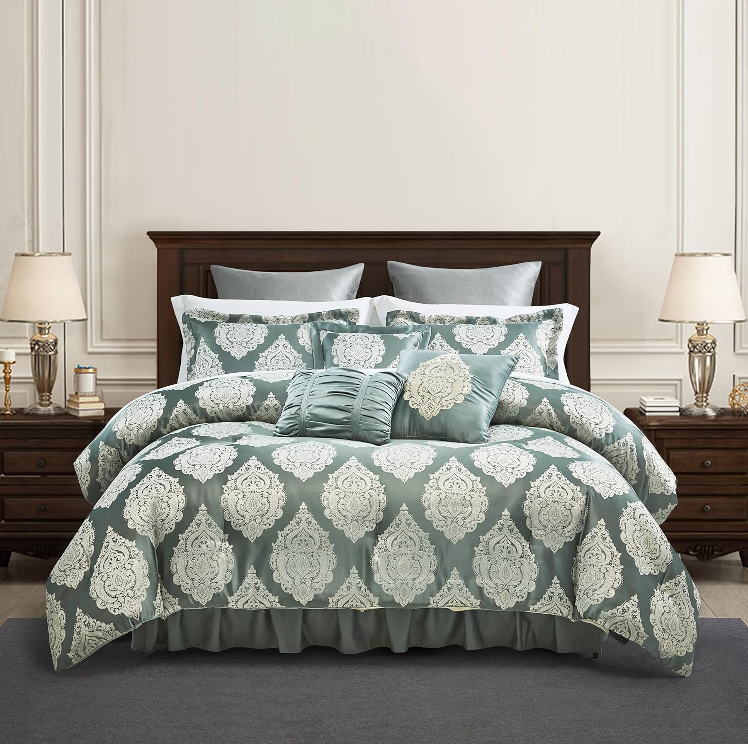 Trinity – Juego de edredón de lujo de 7 piezas, edredón tradicional de medallón jacquard gris y verde con cojines decorativos y fundas de almohada,
