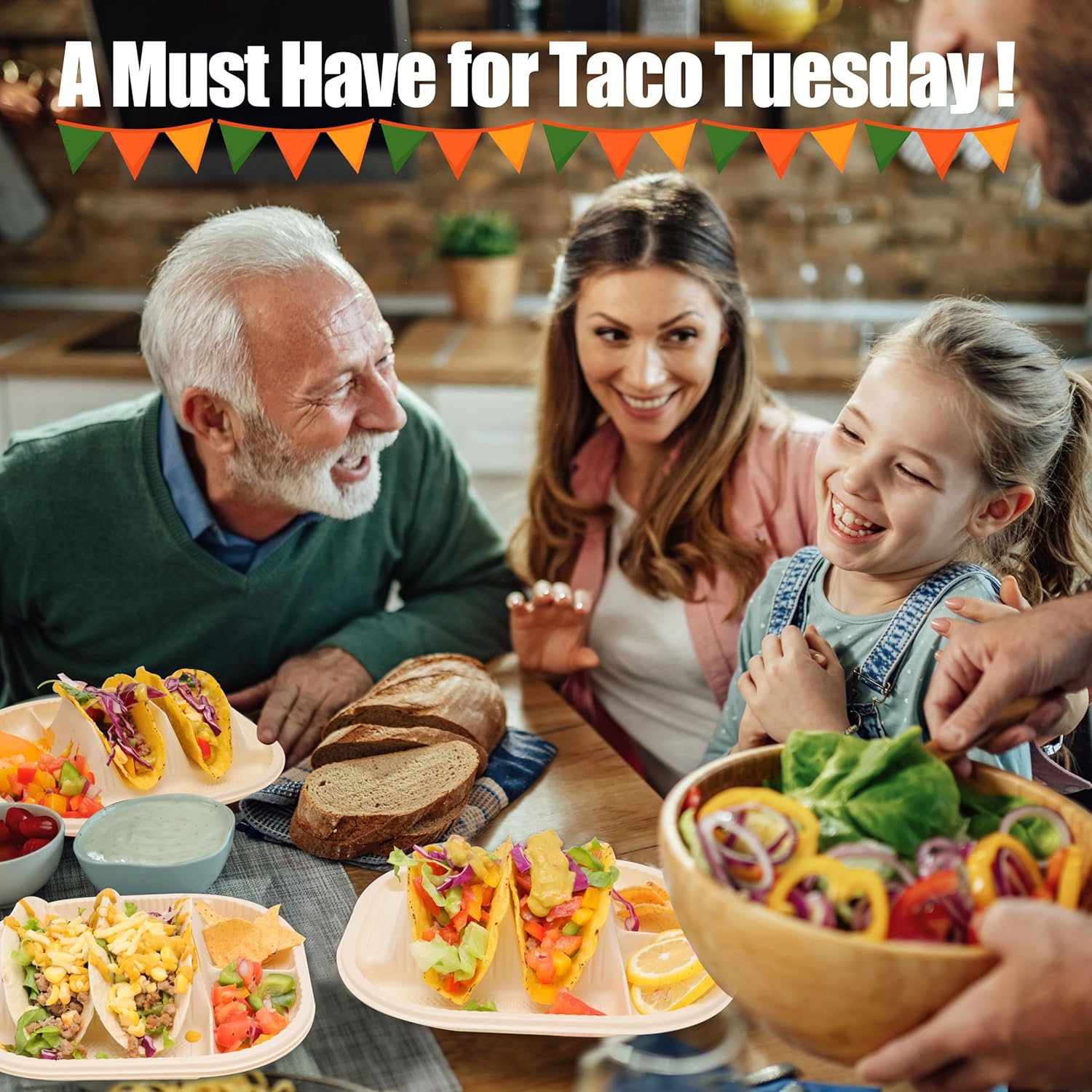 50 platos desechables pequeños para tacos para fiestas, soportes para tacos de almidón de maíz con 2 áreas de inmersión, capacidad para 2 tacos,
